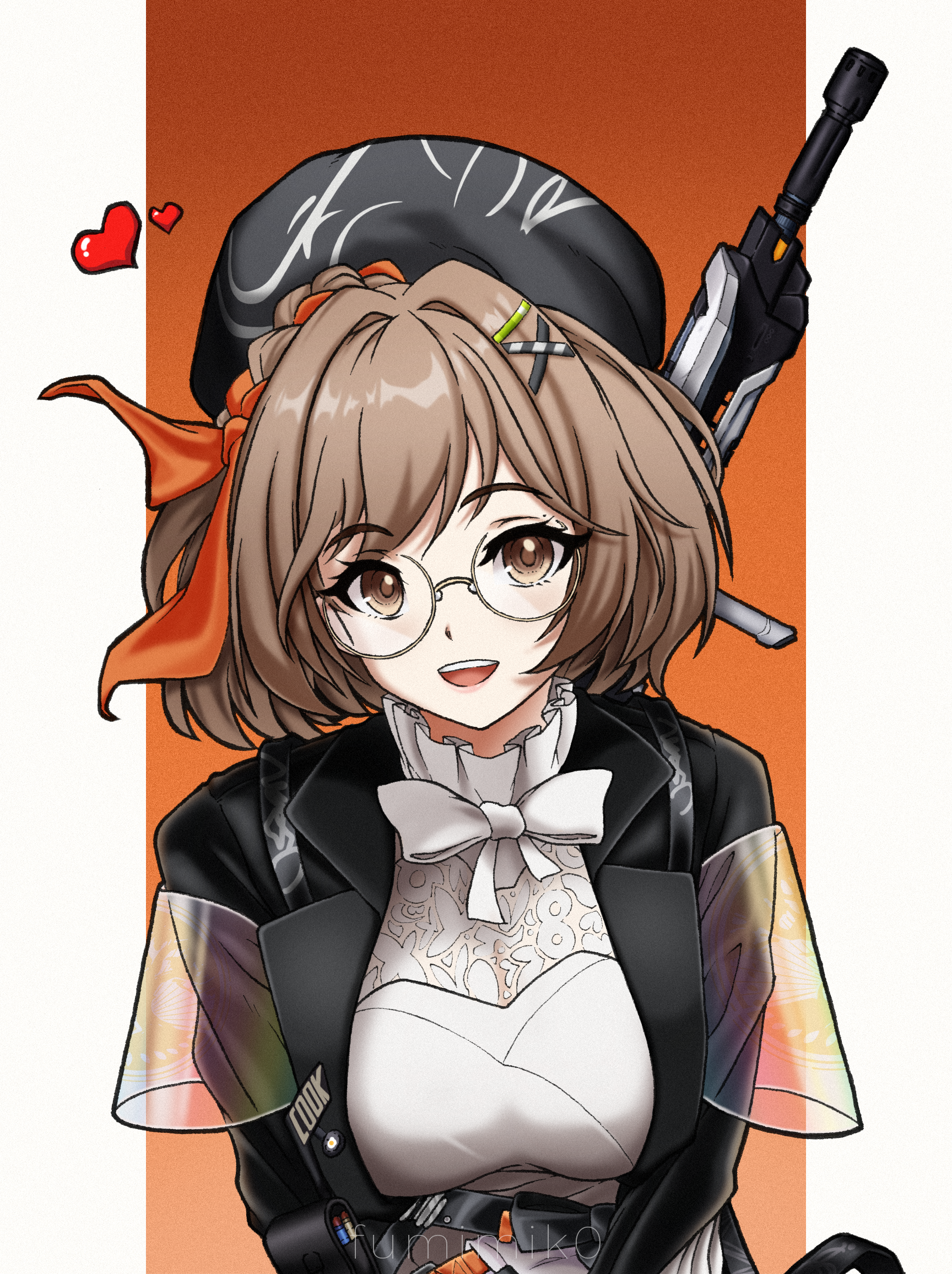 maddelena (strinova), strinova, highres, 1girl, artist name, bow, bowtie, braid, breasts, brown eyes, brown hair, fumimik0, glasses, gun, hair ribbon, hat, heart, jacket, medium breasts, open mouth, ribbon, rifle, round eyewear, short hair, simple background, solo, teeth, upper teeth only, weapon