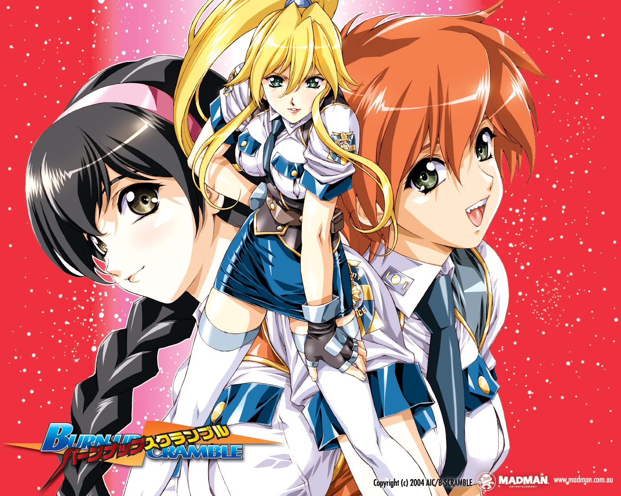 urushihara satoshi, evette lilica, jinguu maya, kinezono rio, lilica evett, burn-up, burn-up scramble, hand on thigh, official art, official wallpaper, 00s, 2004, 3girls, aqua eyes, belt, between breasts, black eyes, black hair, blonde hair, braid, breasts, brown eyes, copyright name, fingerless gloves, gloves, green eyes, grey eyes, hand on own hip, high ponytail, hip focus, leaning forward, leg grab, long bangs, long hair, looking at viewer, miniskirt, multiple girls, necktie, necktie between breasts, open mouth, orange hair, pencil skirt, police, police uniform, policewoman, ponytail, pouch, shiny clothes, shirt, short hair, simple background, skirt, smile, thighhighs, tight clothes, twin braids, watermark, web address, white thighhighs, yellow eyes, zettai ryouiki
