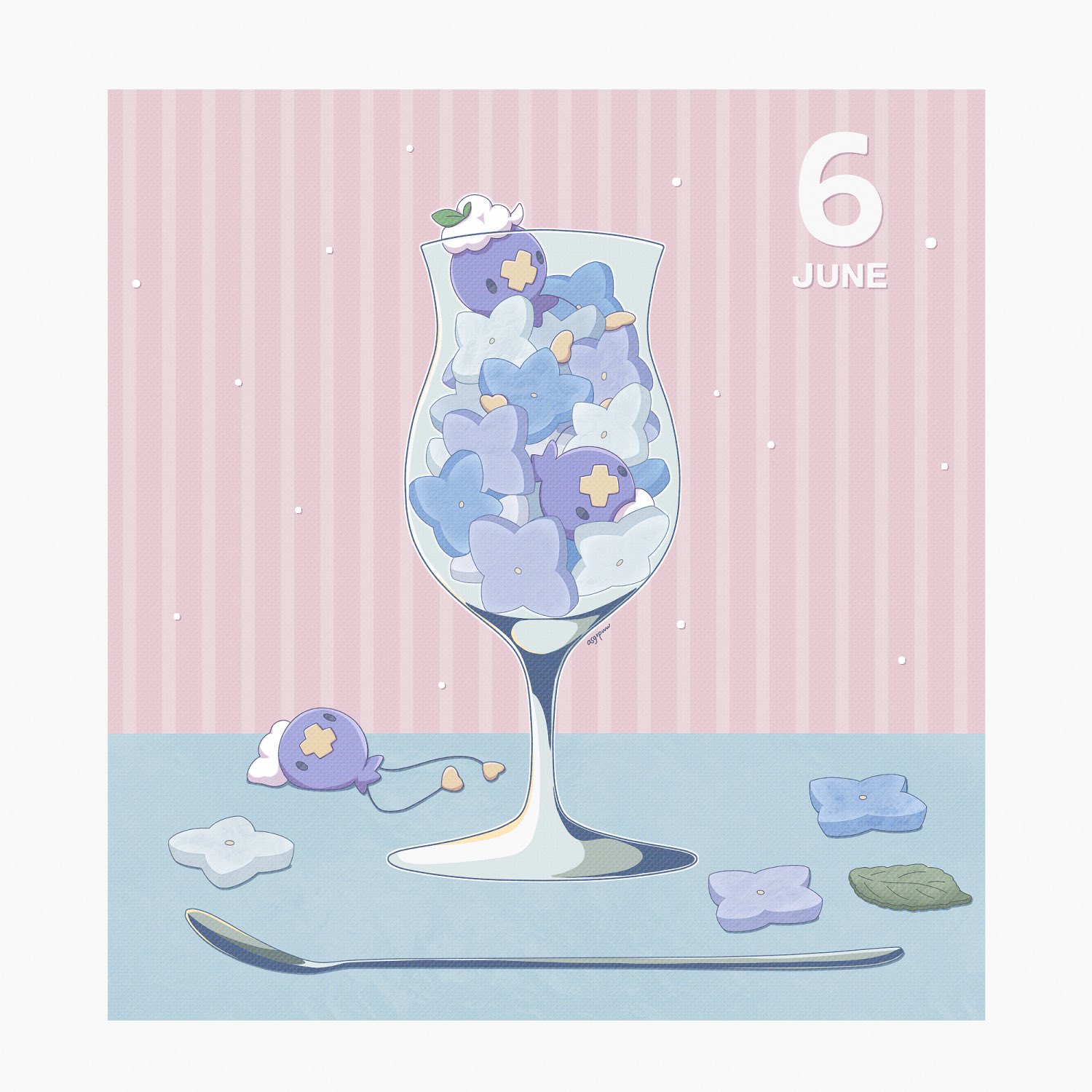 asgr pww, drifloon, nintendo, pokemon, commentary request, highres, artist name, cup, drinking glass, flower, gen 4 pokemon, leaf, lying, no humans, object focus, pokemon (creature), pokemon focus, purple eyes, spoon