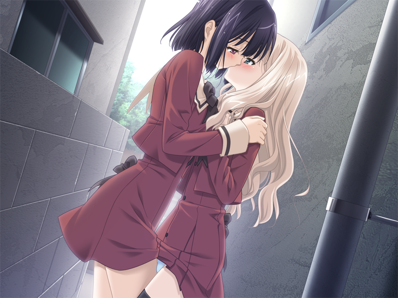 kani biimu, kawamura reo, sawaguchi mai, sono hanabira ni kuchizuke wo, game cg, 2girls, alley, between thighs, black hair, blonde hair, blue hair, blush, clothes lift, day, dutch angle, frottage, green eyes, hug, kiss, long hair, multiple girls, outdoors, panties, purple eyes, purple hair, red eyes, school uniform, serafuku, short hair, skirt, skirt lift, thighhighs, thighs, underwear, white panties, yuri