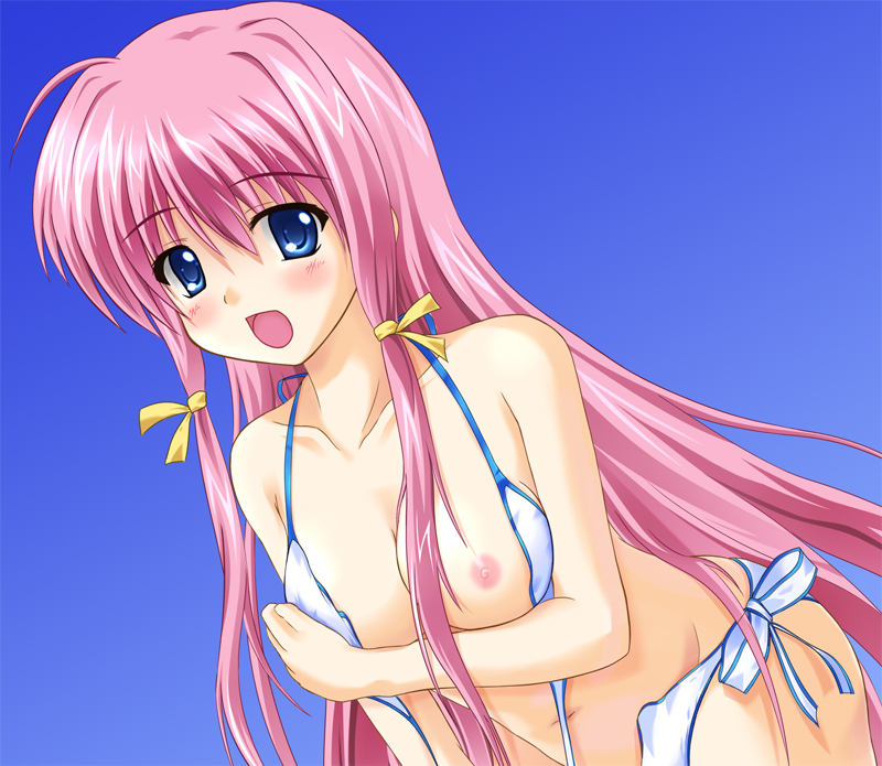 koni, 1girl, bikini, blue eyes, blush, breasts, female focus, long hair, medium breasts, nipples, pink hair, solo, swimsuit, untied bikini, wardrobe malfunction