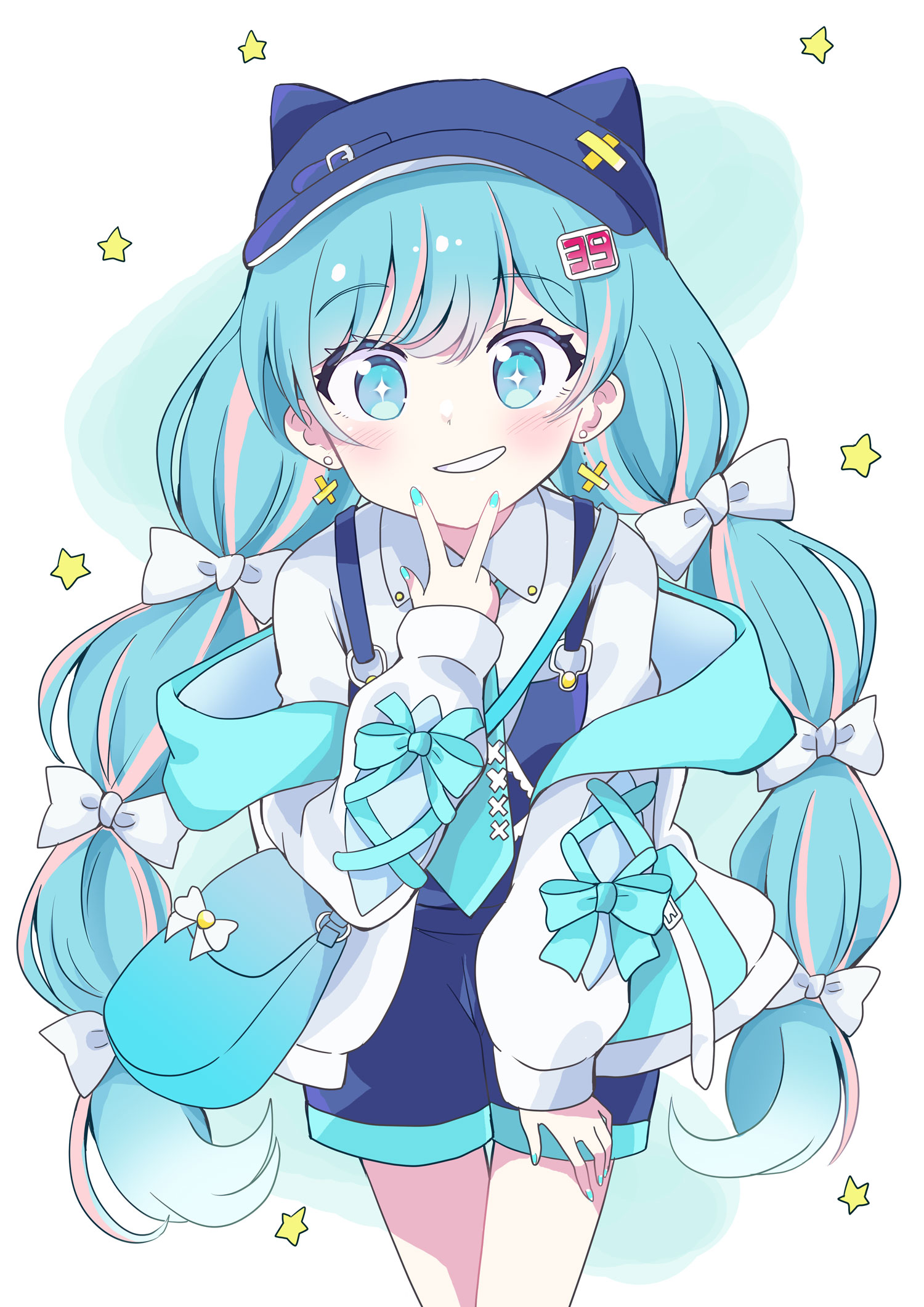massala, hatsune miku, vocaloid, commentary request, highres, + +, 1girl, animal ears, animal hat, bag, baseball cap, blue eyes, blue hair, blue hat, blue nails, blue necktie, blush, bow, collared shirt, fake animal ears, hair bow, hat, jacket, long hair, long sleeves, looking at viewer, multicolored hair, nail polish, necktie, off shoulder, open clothes, open jacket, overall shorts, overalls, pink hair, puffy long sleeves, puffy sleeves, shirt, shoulder bag, sleeves past wrists, smile, solo, star (symbol), streaked hair, twintails, very long hair, white background, white bow, white jacket