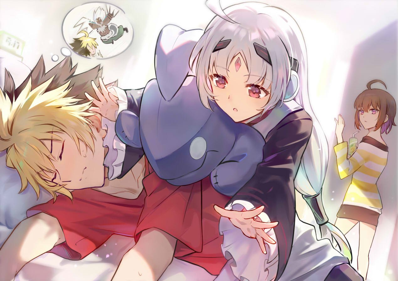 qitoli, kido hyde, linne (under night in-birth), merkava (under night in-birth), vatista (under night in-birth), waldstein (under night in-birth), under night in-birth, 2girls, 3boys, ahoge, alternate costume, black hair, blonde hair, brown hair, character doll, chest hair, dark-skinned male, dark skin, doll, dress, forehead jewel, long hair, long sleeves, multicolored hair, multiple boys, multiple girls, purple eyes, red eyes, short hair, sleeping, speech bubble, thought bubble, two-tone hair, very long hair, weapon, white hair