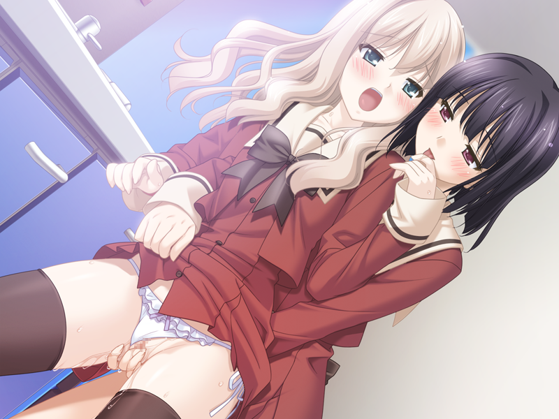 kani biimu, kawamura reo, sawaguchi mai, sono hanabira ni kuchizuke wo, black legwear, game cg, 2girls, age difference, blonde hair, blue eyes, blush, censored, clothes lift, clothing aside, fingering, flat chest, green eyes, height difference, indoors, loli, mosaic censoring, multiple girls, onee-loli, open mouth, panties, panties aside, purple hair, pussy juice, red eyes, school uniform, serafuku, side-tie panties, skirt, skirt lift, thighhighs, underwear, yuri
