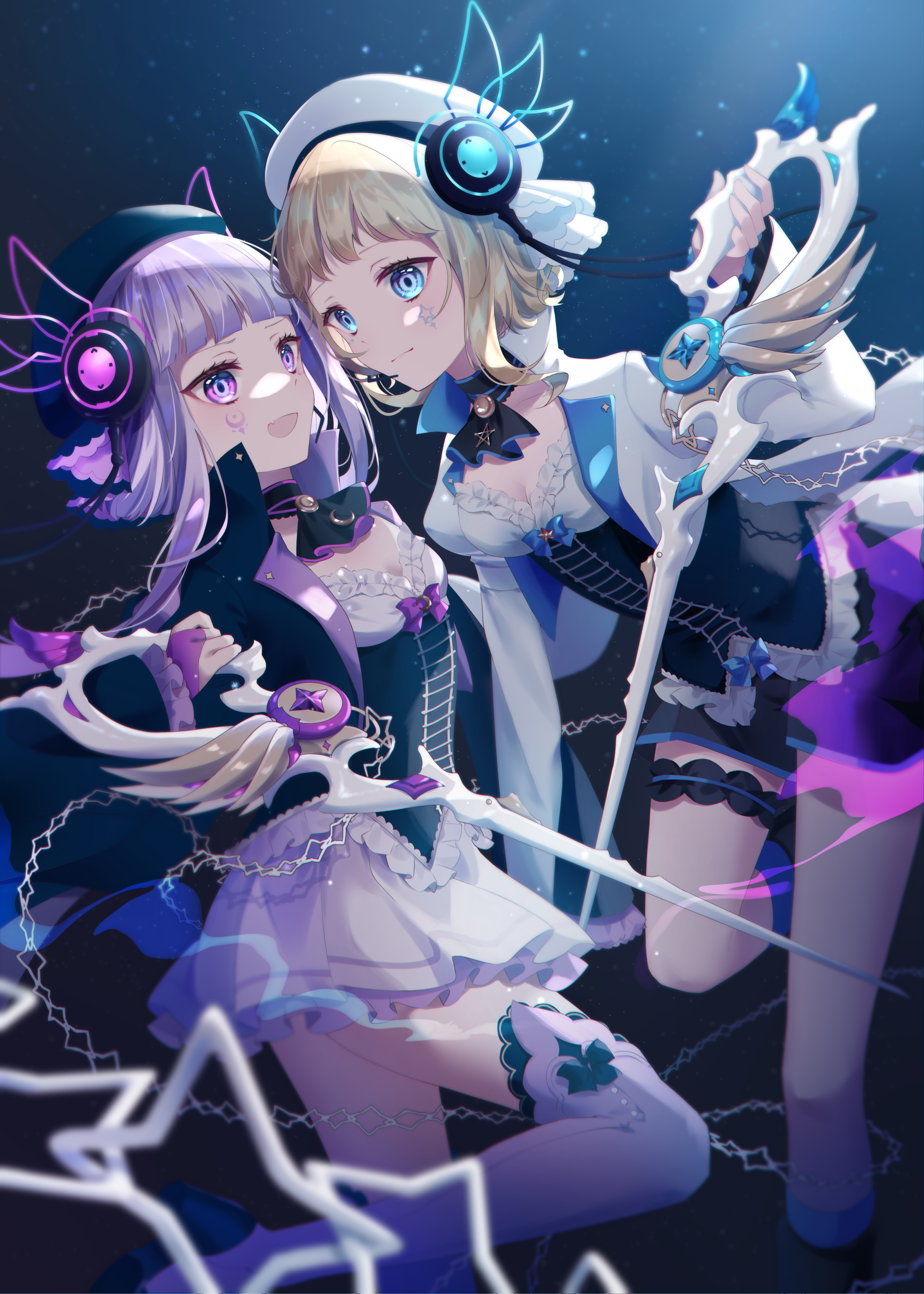 asuzu, eto (arcaea), luna (arcaea), arcaea, absurdres, highres, 2girls, beret, black boots, black bow, black cape, black hat, black ribbon, black shirt, black shoes, black shorts, blonde hair, blue bow, blue eyes, blue shirt, boots, bow, buttons, cable, cape, closed mouth, crescent, curly hair, facial tattoo, fangs, frilled sleeves, frilled thighhighs, frills, hat, holding, holding weapon, large buttons, layered skirt, leg ribbon, long hair, long sleeves, miniskirt, multiple girls, open mouth, pleated skirt, purple boots, purple bow, purple eyes, purple skirt, purple thighhighs, ribbon, scissors, shirt, shoes, short hair, shorts, siblings, skirt, smile, star (symbol), star tattoo, straight hair, tattoo, thigh boots, thigh strap, thighhighs, twins, weapon, white bow, white cape, white hair, white hat, wrist cuffs, yuri
