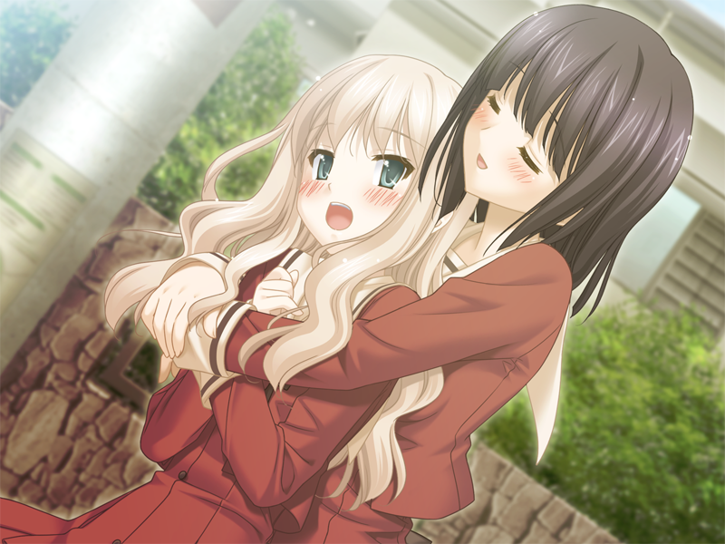 kani biimu, kawamura reo, sawaguchi mai, sono hanabira ni kuchizuke wo, game cg, 2girls, age difference, black hair, blonde hair, blush, closed eyes, couple, dutch angle, hug, long hair, multiple girls, onee-loli, school uniform, serafuku, yuri