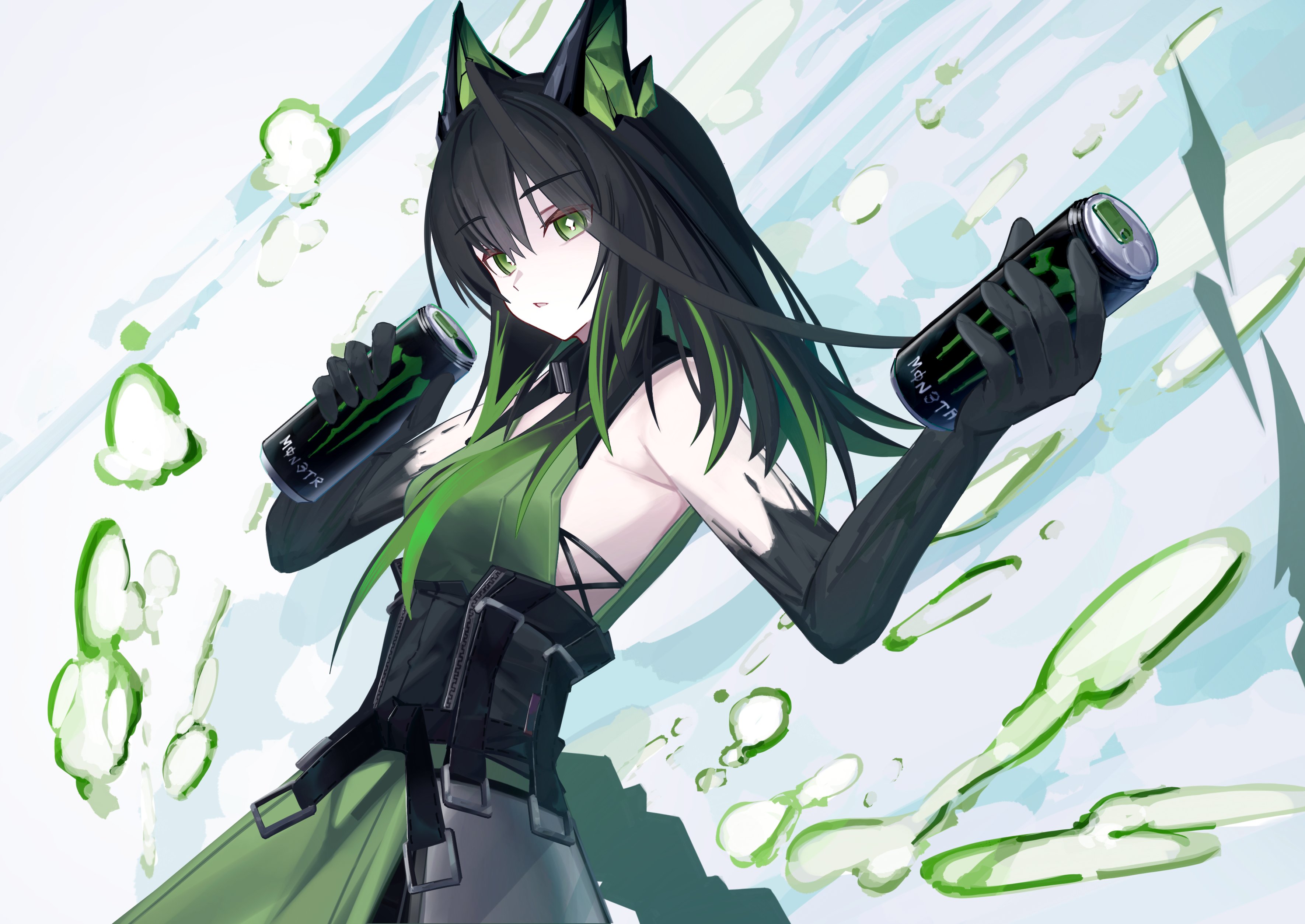 mon3tr (arknights), arknights, monster energy, absurdres, hashtag-only commentary, highres, 1girl, bare shoulders, black hair, bright pupils, can, character name, colored extremities, colored inner hair, drink, drink can, green eyes, green hair, hair between eyes, holding, holding can, holding drink, long hair, looking at viewer, multicolored hair, nae nae atrophy, parted lips, product placement, pun, sleeveless, solo, white pupils