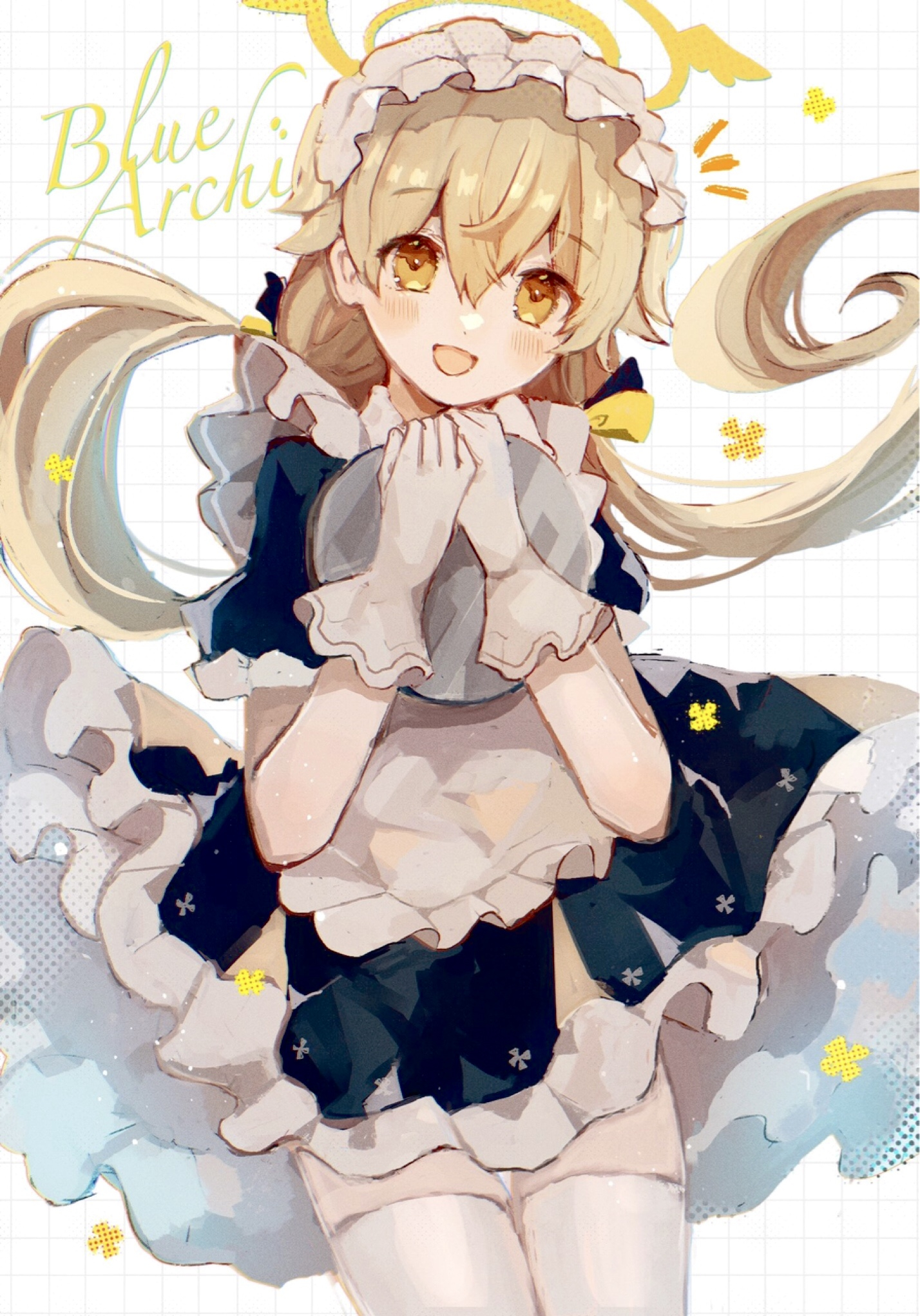 nemunemu1226, hifumi (blue archive), blue archive, highres, 1girl, apron, blonde hair, gloves, holding, maid, maid apron, maid headdress, simple background, smile, solo, white gloves