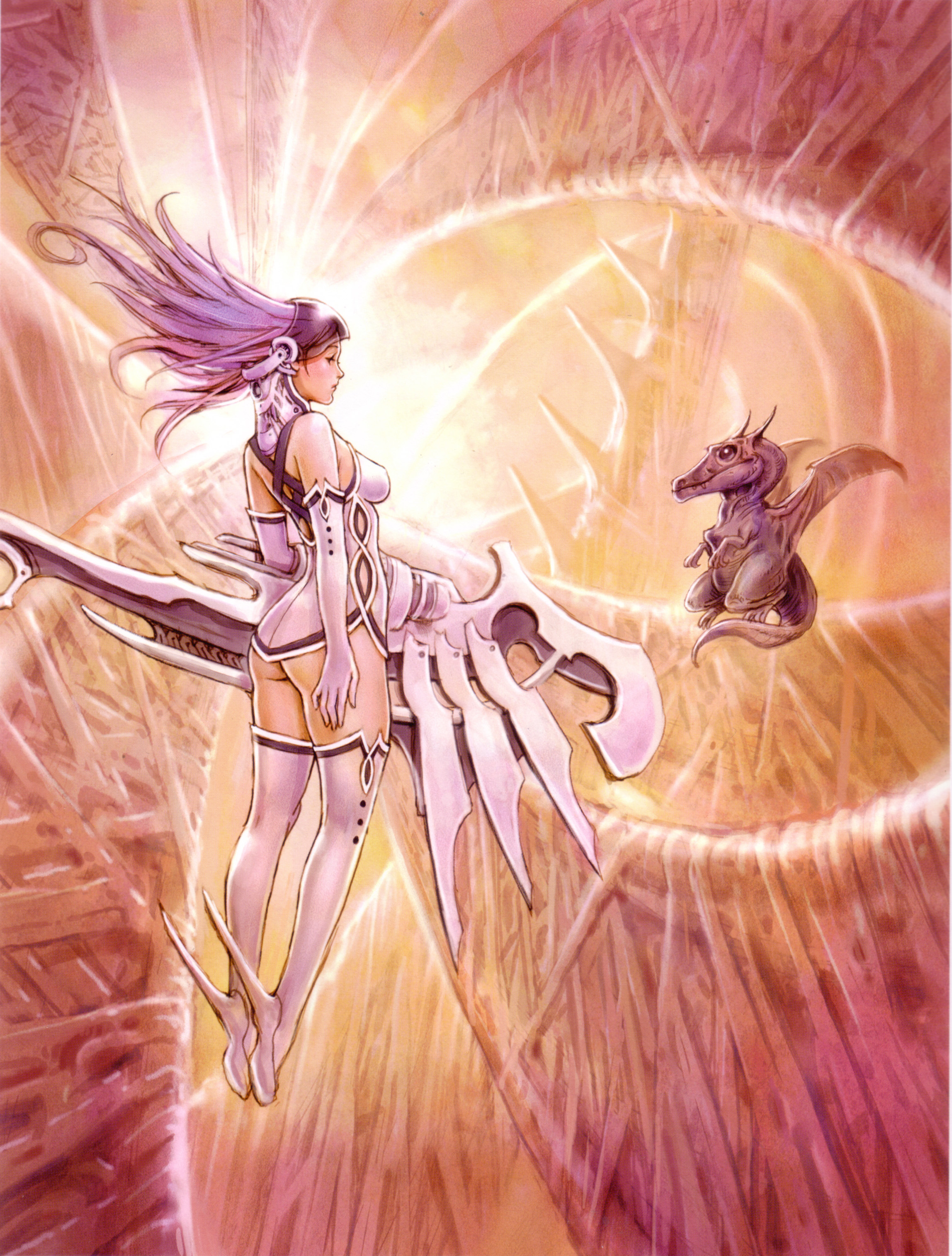 yamashita shun'ya, absurdres, highres, tagme, blue hair, dragon, solo, thighhighs, white thighhighs