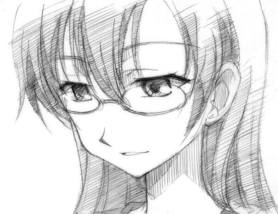 gofu, yuasa hiromi, true tears, traditional media, 00s, glasses, greyscale, monochrome, sketch, solo