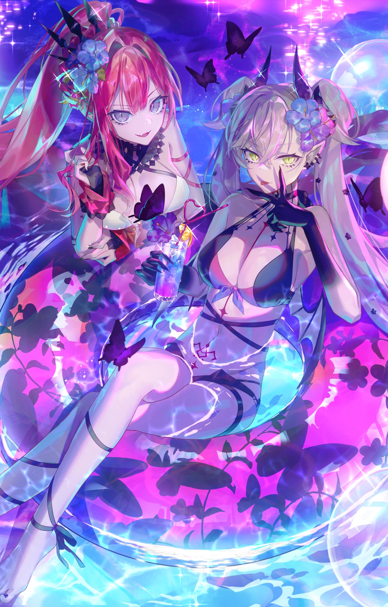 emoillu, baobhan sith (fate), baobhan sith (swimsuit pretender) (third ascension) (fate), lilith (fate), fate/grand order, fate (series), commentary request, highres, 2girls, bare shoulders, bikini, black bikini, black hands, body markings, breasts, bridal gauntlets, choker, cleavage, colored extremities, crossed bangs, demon girl, demon horns, detached collar, earrings, flower, green eyes, grey eyes, grey hair, hair between eyes, hair flower, hair ornament, horns, innertube, jewelry, large breasts, long hair, looking at viewer, medium breasts, multiple girls, navel, pink hair, pointy ears, ponytail, sidelocks, smile, stomach tattoo, swim ring, swimsuit, tattoo, thighs, tiara, twintails, very long hair, white bikini