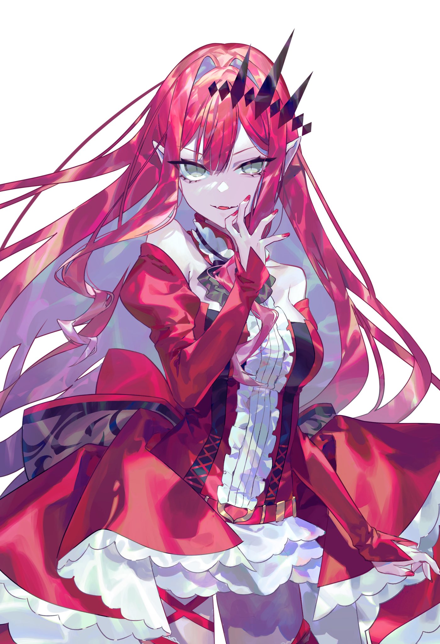 emoillu, baobhan sith (fate), baobhan sith (first ascension) (fate), fate/grand order, fate (series), highres, 1girl, bare shoulders, boots, breasts, center frills, detached collar, detached sleeves, dress, earrings, fangs, frills, grey eyes, jewelry, large breasts, long hair, looking at viewer, parted lips, pink hair, pointy ears, red dress, sidelocks, smile, solo, thigh boots, thighs, tiara