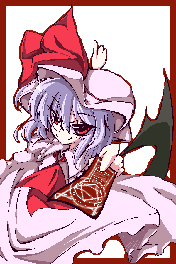 take tonbo, remilia scarlet, touhou, silver hair, 1girl, ascot, bat wings, border, brooch, female focus, gem, hat, jewelry, mob cap, ofuda, outstretched arms, pink hat, red ascot, red eyes, simple background, smile, solo, vampire, white background, wings