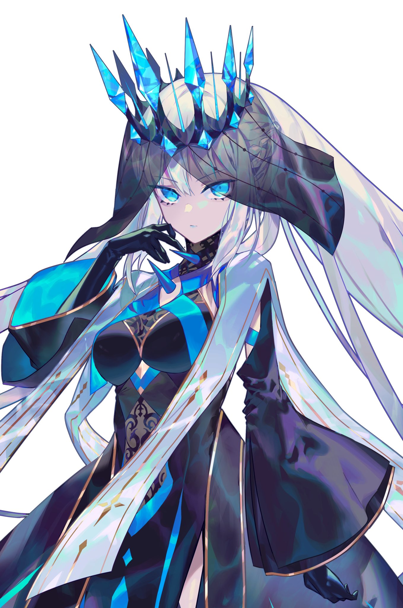 emoillu, morgan le fay (fate), morgan le fay (queen of winter) (fate), fate/grand order, fate (series), highres, 1girl, black dress, black gloves, blue dress, blue eyes, blue lips, braid, breasts, cleavage, crown, dress, gloves, grey hair, large breasts, long hair, long sleeves, looking at viewer, pelvic curtain, ponytail, sidelocks, stole, two-tone dress, veil, very long hair, wide sleeves