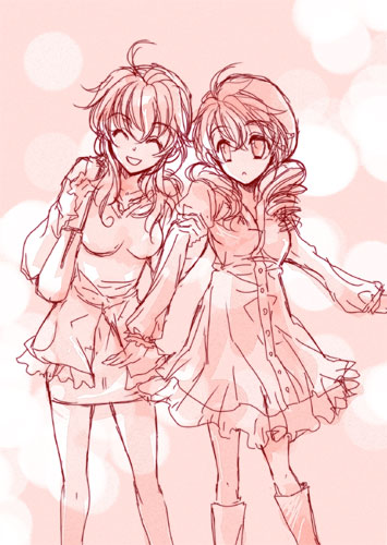 sucharaka honpo, christina sierra, feldt grace, gundam, gundam 00, lowres, 00s, 2girls, monochrome, multiple girls, pink theme