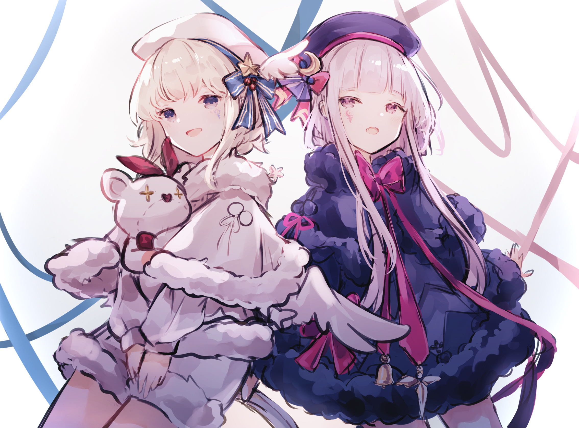 miyu (miy u1308), eto (arcaea), eto (winter) (arcaea), luna (arcaea), luna (winter) (arcaea), arcaea, highres, 2girls, :d, beret, black capelet, black coat, black dress, black hat, black shoes, black wings, blonde hair, blue eyes, capelet, christmas, coat, crescent, crescent facial mark, dress, facial mark, fangs, frilled thighhighs, frills, hat, hat ornament, high heels, hugging doll, hugging object, interlocked fingers, long sleeves, looking at viewer, moon (symbol), multiple girls, one eye closed, open mouth, pantyhose, purple eyes, purple hair, purple pantyhose, shoes, shorts, siblings, sketch, smile, standing, star (symbol), stuffed animal, stuffed toy, thighhighs, transparent background, twins, white capelet, white coat, white shorts, white wings, wings, zettai ryouiki