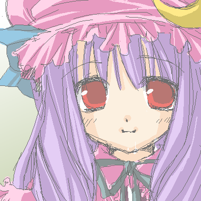 akiyama natsumi, patchouli knowledge, touhou, lowres, 1girl, crescent, female focus, gradient background, hat, mob cap, oekaki, solo
