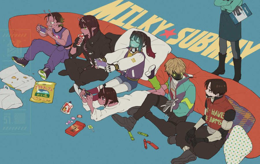 daidouji akane, kanzaki ryouko, kujo chiharu, milky galactic universe, milky subway, 000gogo51, 3boys, 4girls, antennae, bag of chips, blonde hair, brown hair, candy, chips (food), coat, colored skin, controller, copyright name, crossed arms, cyborg, drink pouch, food, game controller, holding, holding controller, iwao kanata, kurt cramer, kurusu makina (milky galactic universe), lollipop, long hair, max mccalister, multiple boys, multiple girls, no mouth, pencil skirt, pillow, pocky, pointy ears, police, police uniform, policewoman, potato chips, red skin, shoes, sitting, skirt, snack, sneakers, twintails, vest, windbreaker, yellow eyes