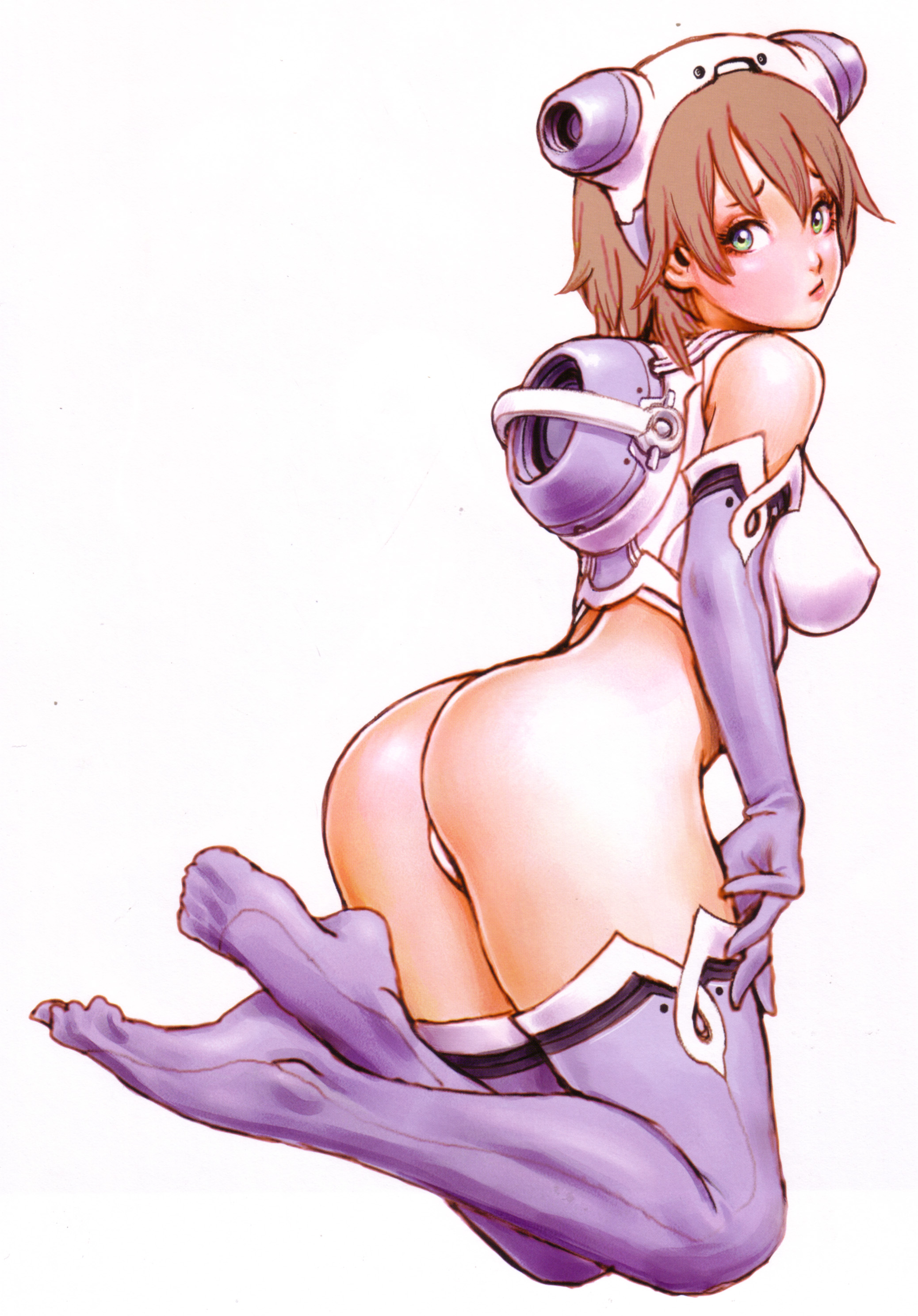 yamashita shun'ya, canal (yamashita shunya), original, absurdres, highres, scan, 1girl, ass, blush, breasts, brown hair, covered erect nipples, elbow gloves, embarrassed, female focus, gloves, green eyes, hairband, kneeling, large breasts, lipstick, looking back, makeup, short hair, solo, thighhighs