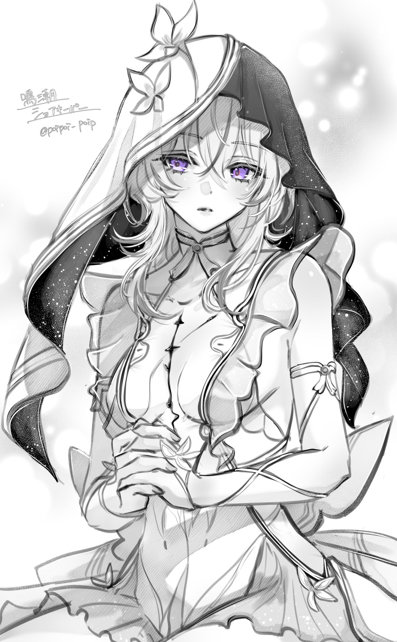 poipoi poip, shorekeeper (wuthering waves), wuthering waves, commentary request, highres, 1girl, armlet, artist name, breasts, dress, hair between eyes, jewelry, long hair, looking at viewer, medium breasts, own hands clasped, own hands together, purple eyes, sleeveless, sleeveless dress, solo, twitter username, two-tone veil