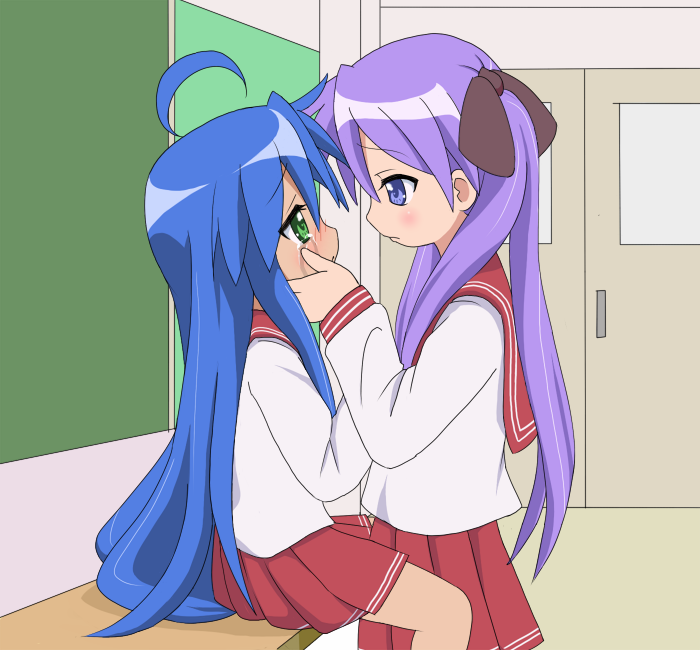mountain pukuichi, hiiragi kagami, izumi konata, lucky star, 00s, 2girls, ahoge, blue eyes, blue hair, blush, eye contact, green eyes, long hair, looking at another, multiple girls, purple hair, ryouou school uniform, school uniform, serafuku, tears, yuri