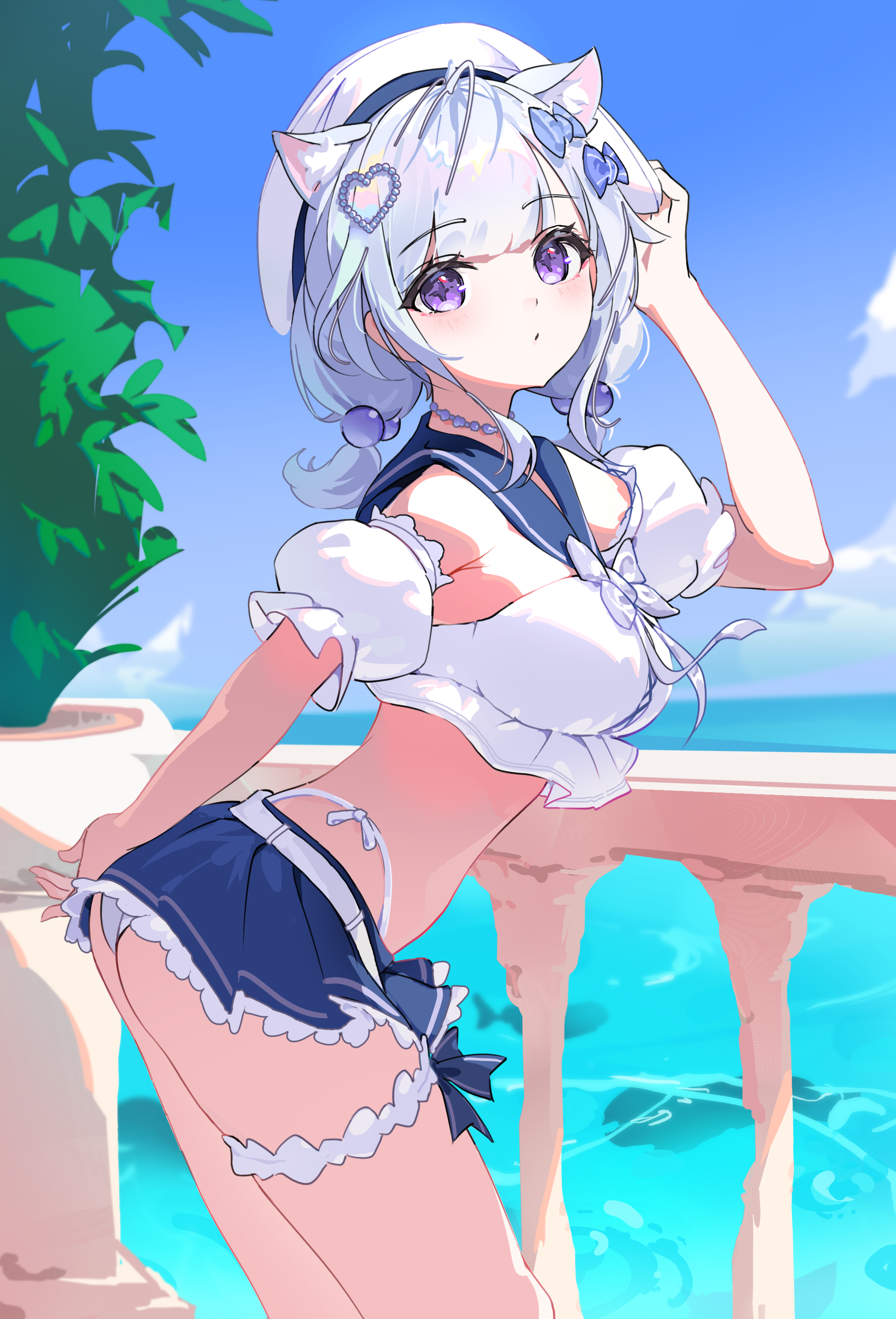 thumbsup stella, ayatsuno yuni, stellive, absurdres, highres, 1girl, animal ear fluff, animal ears, antenna hair, ass, beret, bikini, blue sailor collar, blue skirt, blue sky, bow, breasts, cat ears, closed mouth, day, dot mouth, expressionless, feet out of frame, from side, grey bow, grey hair, hair bobbles, hair ornament, hand up, hat, leaning forward, looking at viewer, looking to the side, low twintails, medium breasts, medium hair, microskirt, ocean, outdoors, purple eyes, sailor bikini, sailor collar, short twintails, skirt, sky, solo, standing, star-shaped pupils, star (symbol), swept bangs, swimsuit, symbol-shaped pupils, thigh strap, turning head, twintails, virtual youtuber, white bikini, white hair