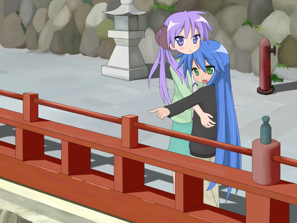 mountain pukuichi, hiiragi kagami, izumi konata, lucky star, 00s, 2girls, hug, long hair, mole, mole under eye, multiple girls, pointing, railing, stone lantern