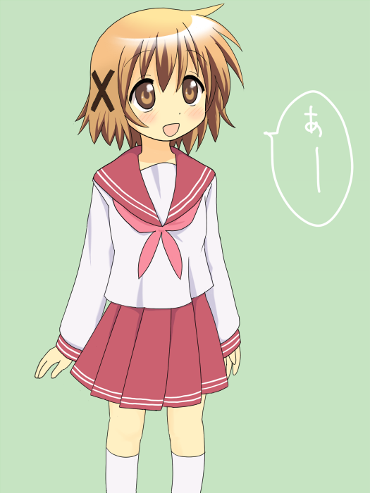 mountain pukuichi, yuno (hidamari sketch), hidamari sketch, lucky star, white legwear, 1girl, :d, blush, brown hair, cosplay, female focus, green background, hair ornament, long sleeves, looking up, open mouth, parody, pleated skirt, red skirt, ryouou school uniform, school uniform, serafuku, short hair, simple background, skirt, smile, solo, speech bubble, x hair ornament, yamabuki high school uniform