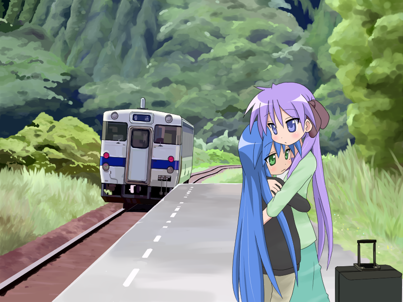 mountain pukuichi, hiiragi kagami, izumi konata, lucky star, 00s, 2girls, :3, blue eyes, blue hair, day, grass, green eyes, green skirt, height difference, hug, long hair, long sleeves, mole, mole under eye, multiple girls, outdoors, pants, purple hair, railroad tracks, skirt, suitcase, train, train station platform, very long hair, yuri