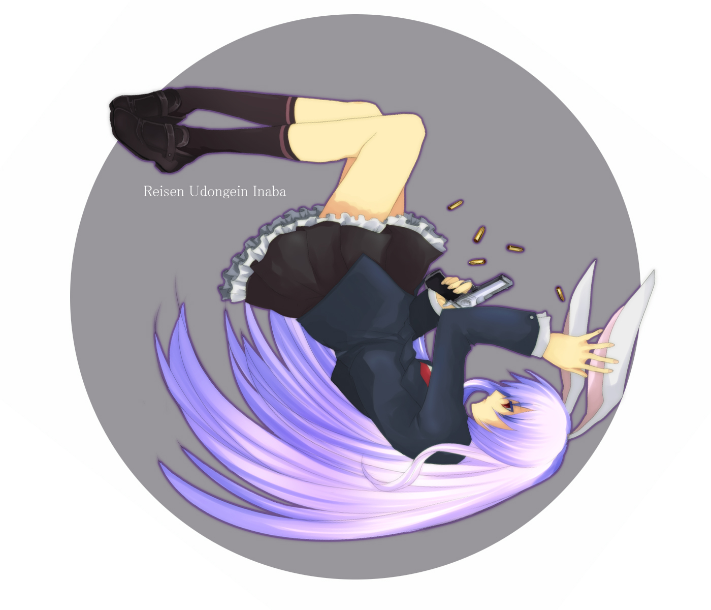 harano, reisen udongein inaba, touhou, light purple hair, bad id, bad pixiv id, highres, 1girl, animal ears, bullet, female focus, frills, full body, gun, long hair, rabbit ears, skirt, socks, solo, weapon, white background
