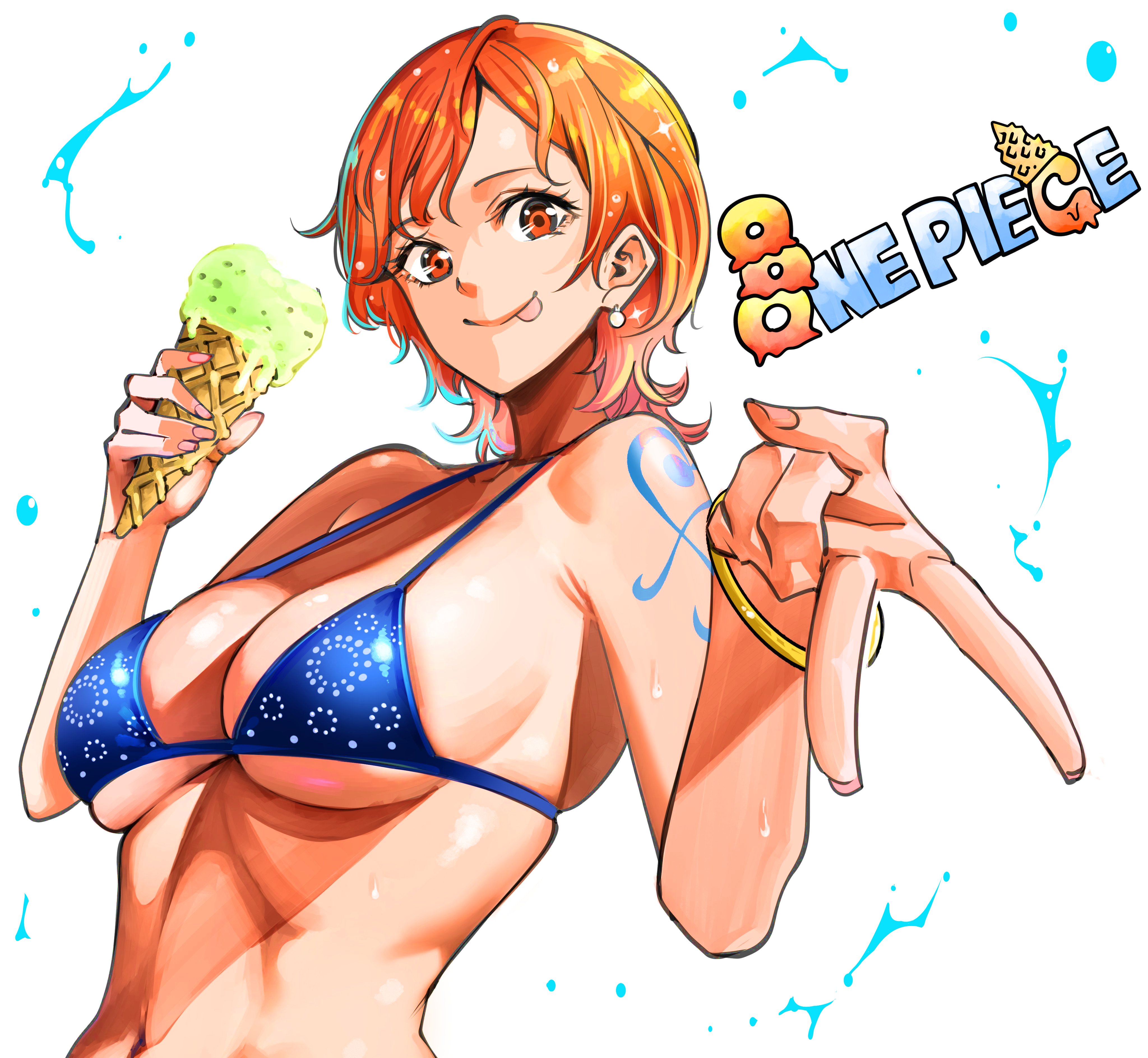 nadainishi, nami (one piece), one piece, absurdres, commentary request, highres, 1girl, :p, armpit crease, bangle, bare shoulders, bikini, blue bikini, bracelet, breasts, cleavage, closed mouth, collarbone, copyright name, earrings, food, halterneck, holding, holding ice cream cone, ice cream, ice cream cone, jewelry, large breasts, looking at viewer, navel, orange eyes, orange hair, pearl earrings, short hair, shoulder tattoo, simple background, skindentation, smile, solo, stomach, swimsuit, tattoo, tongue, tongue out, upper body, v, water, wavy hair, white background