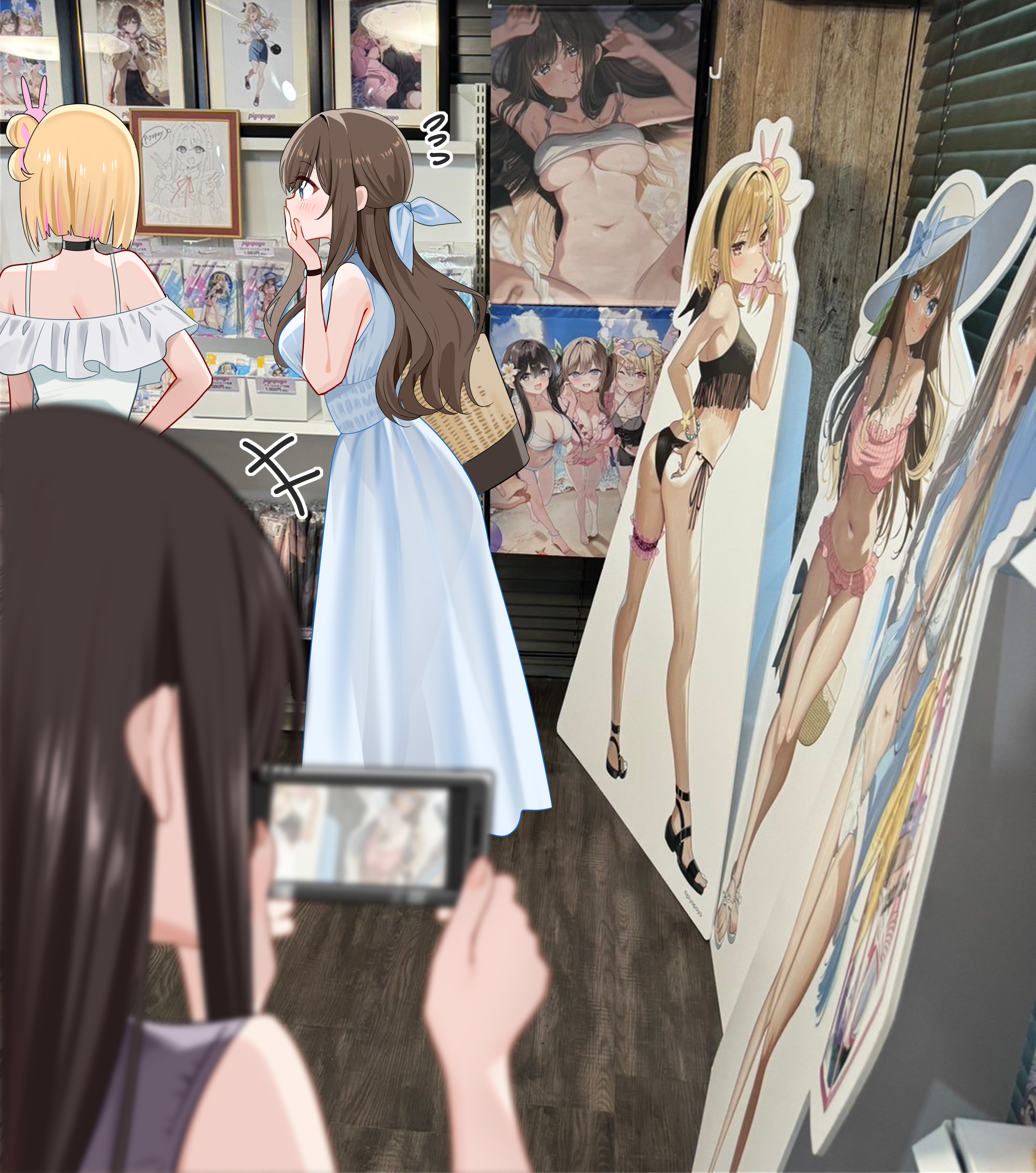 piyopoyo, childhood friend (childhood friend series), hisabisa ni atta osananajimi ga iroiro to seichou shiteirunoni nounai dake seichou shiteinakute douyou shiteiru, original, absurdres, highres, 3girls, bikini, black bikini, black choker, blonde hair, blue dress, blue ribbon, blurry, blurry foreground, breasts, brown hair, cardboard cutout, cellphone, choker, covering own mouth, dress, flying sweatdrops, gal (childhood friend series), hair ornament, hair ribbon, holding, holding phone, long hair, multiple girls, phone, pink bikini, pink hair, rabbit hair ornament, ribbon, see-through silhouette, short hair, smartphone, sundress, swimsuit, younger sister (childhood friend series)