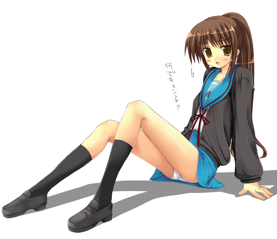 kiriya haruhito, kyon, kyonko, kiriya, suzumiya haruhi no yuuutsu, 00s, 1girl, blush, brown hair, cardigan, female focus, full body, genderswap, genderswap (mtf), kneehighs, long hair, looking at viewer, panties, pantyshot, ponytail, school uniform, serafuku, simple background, skirt, socks, solo, underwear, upskirt, white background, white panties