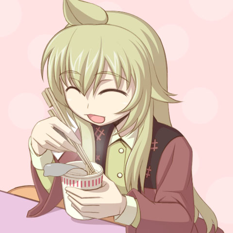 caryo, nanashino, minami chiaki, minami-ke, lowres, 00s, 1girl, ^ ^, ahoge, chopsticks, closed eyes, female focus, food, long hair, nissin cup noodle, noodles, open mouth, ramen, solo
