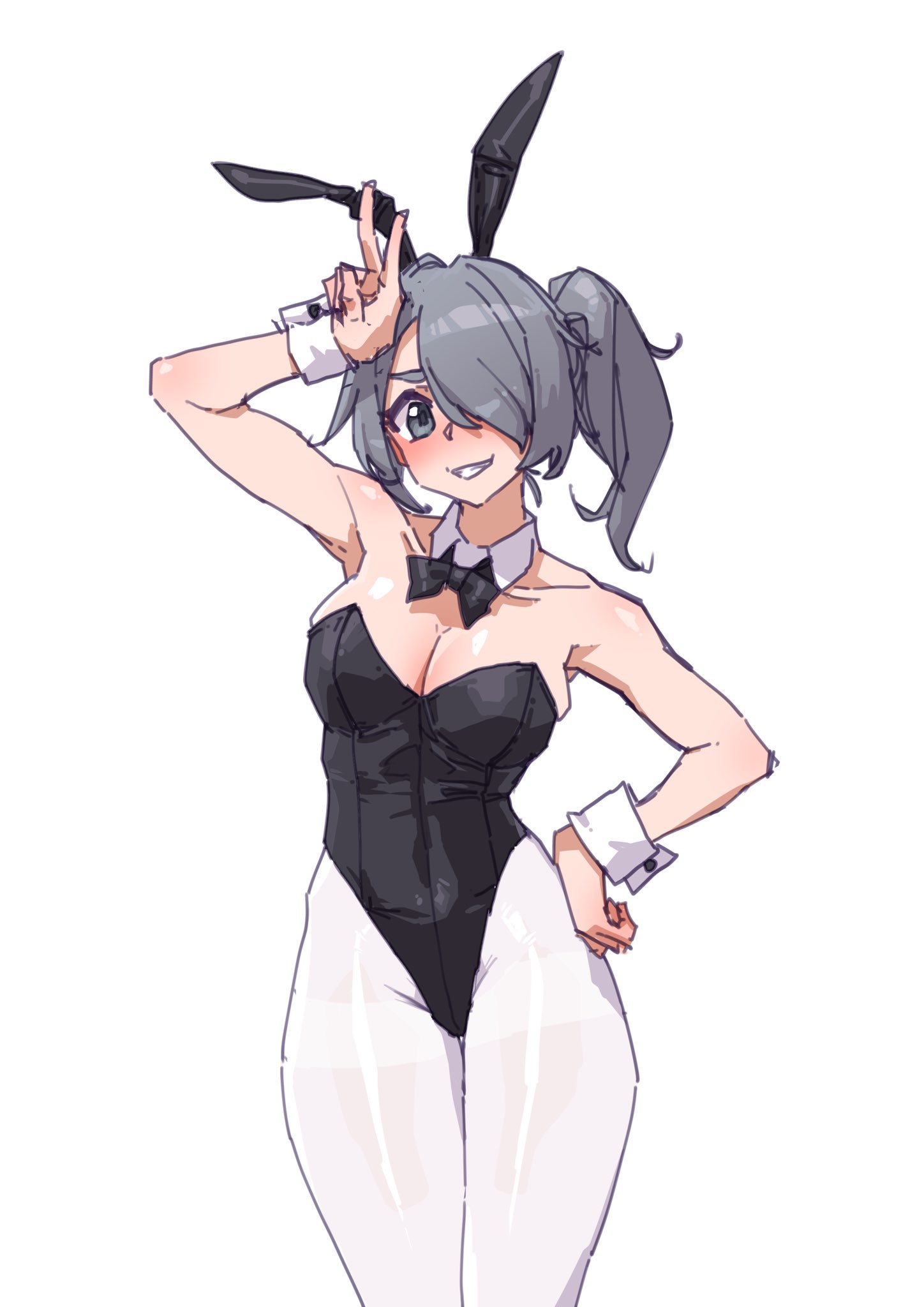 stank, original, highres, 1girl, animal ears, arm up, armpits, black bow, black bowtie, black leotard, blush, bow, bowtie, breasts, cleavage, collar, fake animal ears, grey eyes, grey hair, hair over one eye, hand on own hip, high side ponytail, large breasts, leotard, nose blush, pantyhose, playboy bunny, rabbit ears, smile, teeth, thighband pantyhose, v, white collar, white pantyhose, white wrist cuffs, wrist cuffs