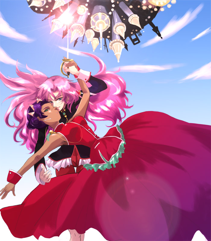 pan (dorara78), himemiya anthy, tenjou utena, shoujo kakumei utena, bad id, bad pixiv id, 1990s (style), 2girls, blue eyes, castle, dark-skinned female, dark skin, dress, earrings, green eyes, jewelry, long hair, multiple girls, pink hair, purple hair, retro artstyle, ring, sky, sword, tiara, weapon