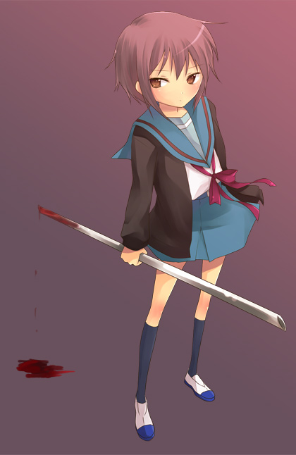 hijiki (hijikini), hijikini, nagato yuki, suzumiya haruhi no yuuutsu, 00s, 1girl, blood, female focus, school uniform, serafuku, solo, staff