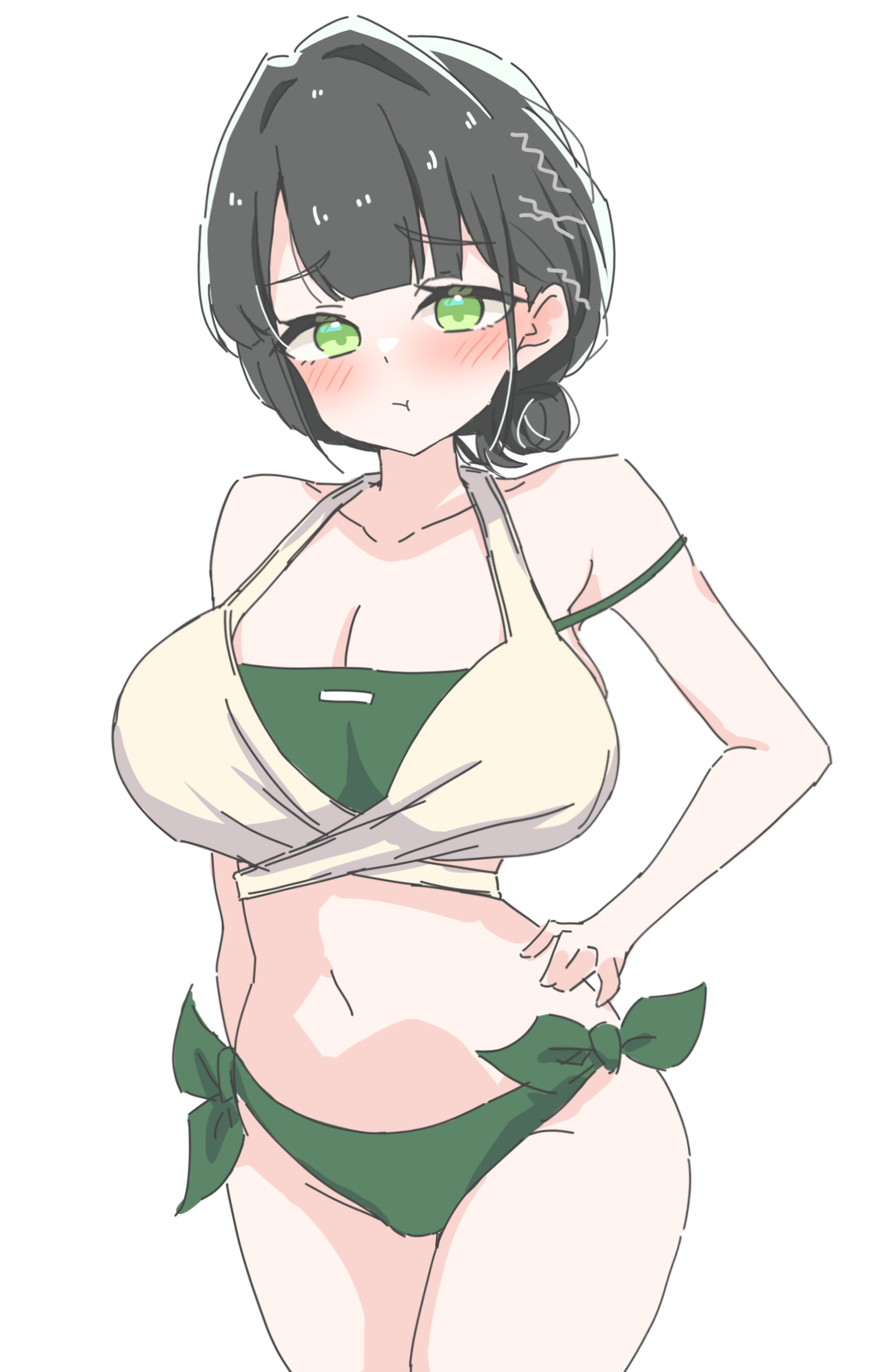 rokoroko 65, momose ginko, comiket 106, commentary request, highres, 1girl, :t, bare shoulders, bikini, blush, breasts, cleavage, collarbone, cowboy shot, embarrassed, green bikini, hair bun, hair intakes, halterneck, hand on own hip, huge breasts, looking at viewer, momose ginko (c106 swimsuit), official alternate costume, pout, raised inner eyebrows, side-tie bikini bottom, simple background, single hair bun, solo, standing, swimsuit, white background, white bikini