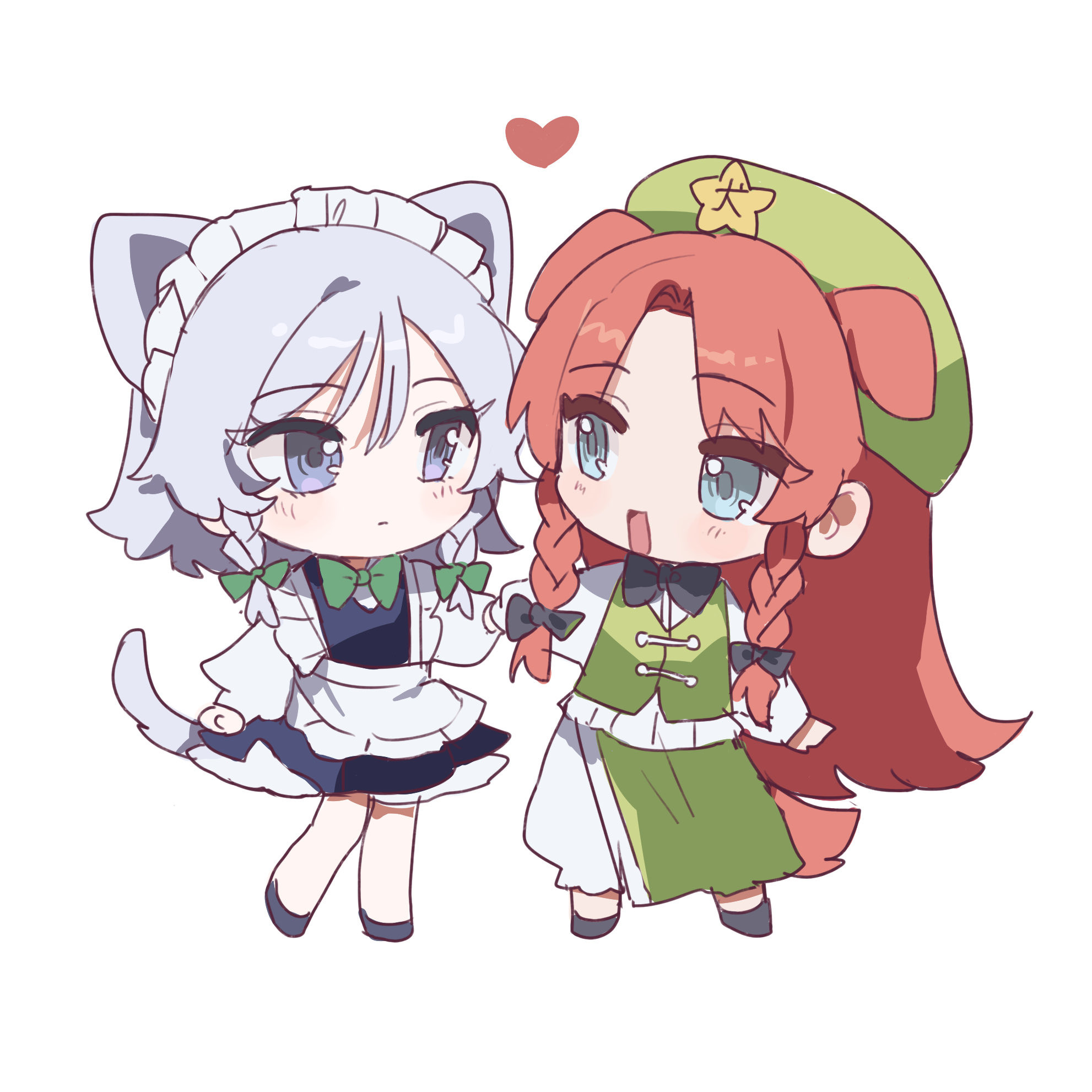 sarukana, hong meiling, izayoi sakuya, touhou, highres, 2girls, animal ears, black shoes, blue eyes, braid, chibi, chibi only, chinese clothes, full body, green vest, grey hair, heart, long hair, long sleeves, looking at another, medium hair, multiple girls, open mouth, red hair, shirt, shoes, smile, tail, twin braids, vest, white shirt