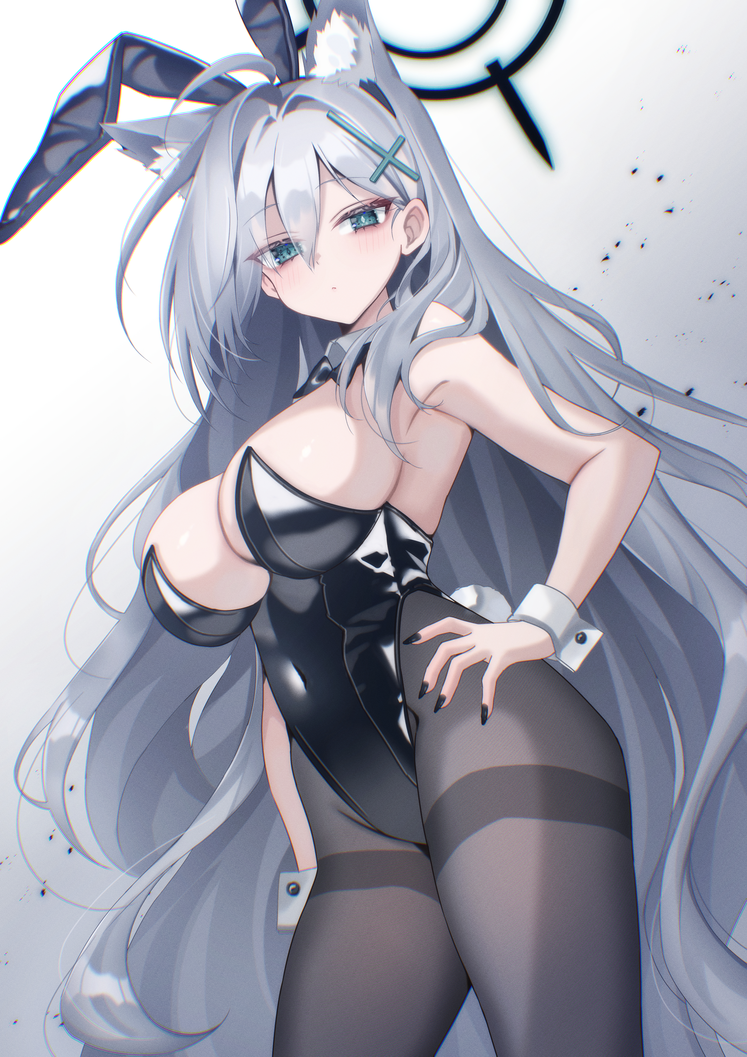 chierishu, shiroko terror (blue archive), blue archive, absurdres, commentary request, highres, 1girl, ahoge, alternate costume, animal ear fluff, animal ear hairband, animal ears, black bow, black bowtie, black halo, black leotard, black nails, black pantyhose, blue eyes, bow, bowtie, breasts, closed mouth, covered navel, cowboy shot, cross, cross hair ornament, detached collar, extra ears, fake animal ears, grey hair, hair between eyes, hair ornament, hairband, halo, hand on own hip, highleg, highleg leotard, inverted cross, large breasts, leotard, light blush, long hair, looking at viewer, mismatched pupils, pantyhose, playboy bunny, rabbit ear hairband, rabbit ears, solo, standing, strapless, strapless leotard, thighband pantyhose, very long hair, white wrist cuffs, wolf ears, wolf girl, wrist cuffs