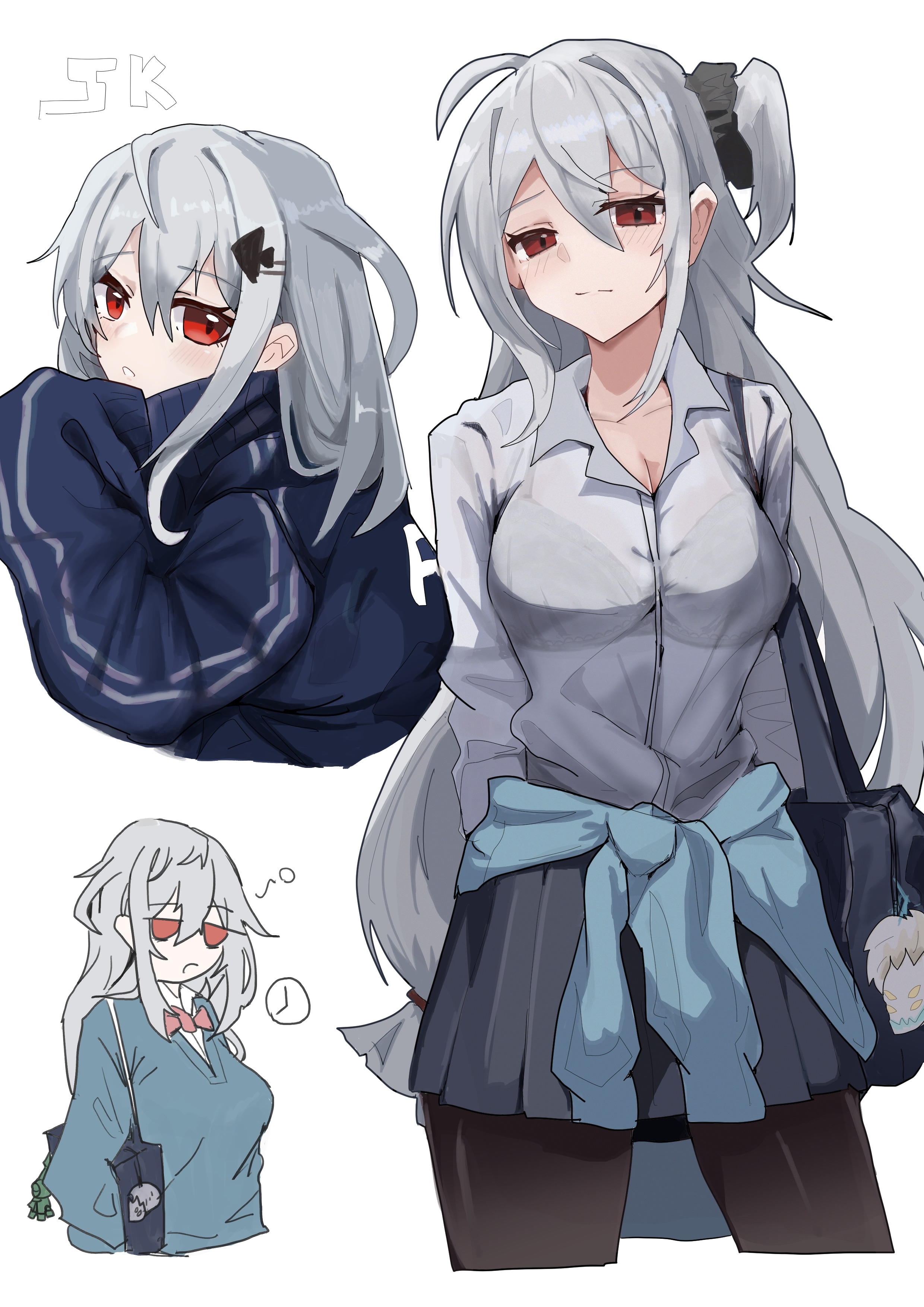 skadi (arknights), arknights, absurdres, highres, bag, black bra, black pantyhose, black skirt, blue jacket, blush, bra, bra visible through clothes, breasts, cleavage, closed mouth, clothes around waist, grey hair, grey shirt, hair between eyes, hair ornament, jacket, jacket around waist, lastmatch500, long hair, looking at viewer, medium breasts, miniskirt, multiple views, one side up, pantyhose, parted lips, pleated skirt, purple jacket, red eyes, shirt, shoulder bag, simple background, skirt, turtleneck, turtleneck jacket, underwear, white background