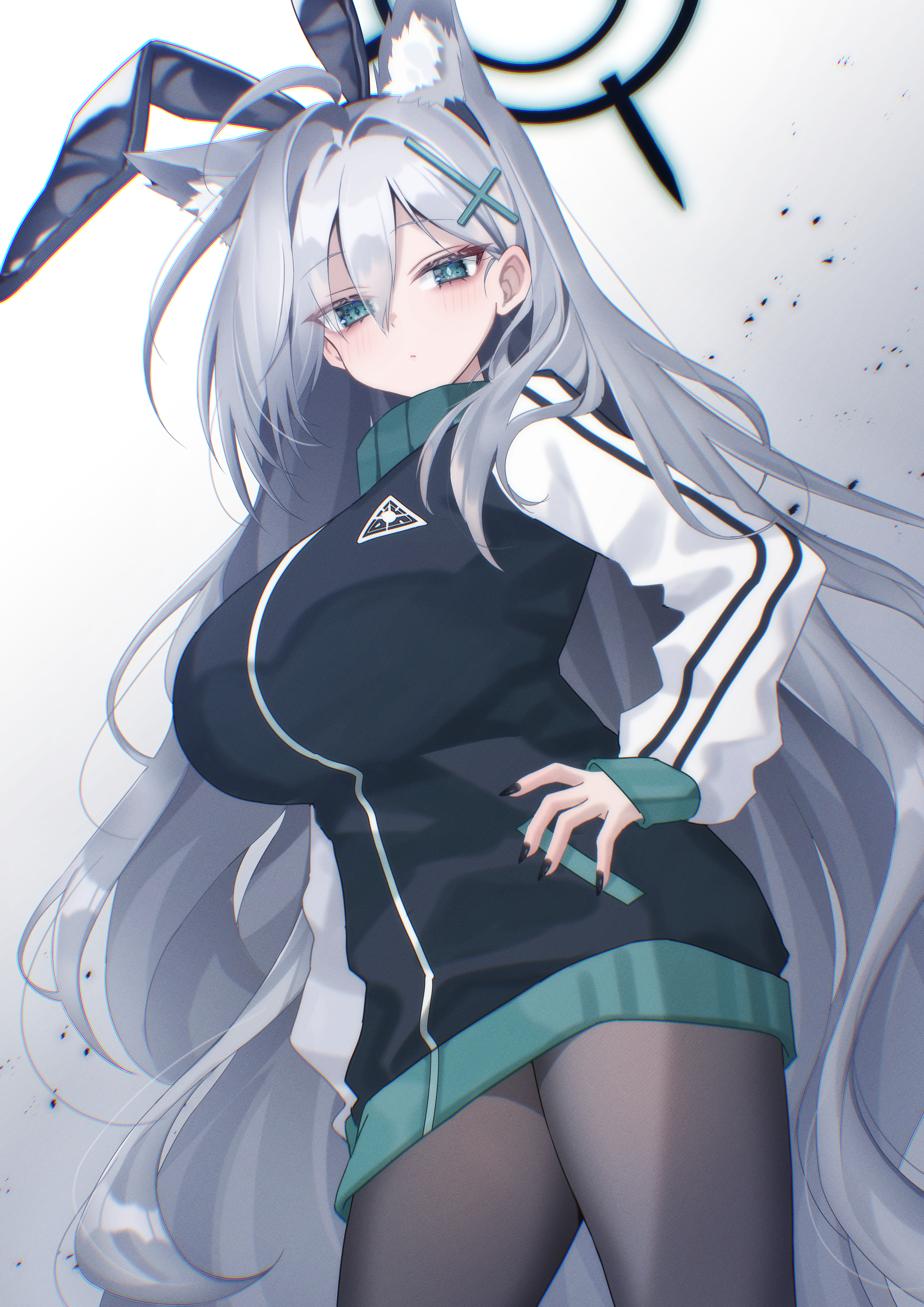 chierishu, shiroko terror (blue archive), blue archive, absurdres, commentary request, highres, 1girl, ahoge, alternate costume, animal ear fluff, animal ear hairband, animal ears, black halo, black jacket, black nails, black pantyhose, blue eyes, breasts, closed mouth, cross, cross hair ornament, extra ears, fake animal ears, grey hair, hair between eyes, hair ornament, hairband, halo, hand on own hip, inverted cross, jacket, large breasts, light blush, long hair, long sleeves, looking at viewer, mismatched pupils, pantyhose, rabbit ear hairband, rabbit ears, standing, track jacket, very long hair, wolf ears, wolf girl