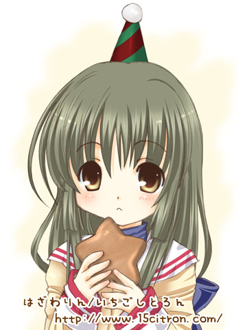 15citron, ibuki fuuko, clannad, lowres, 00s, 1girl, cookie, eating, female focus, food, hat, holding, holding food, long sleeves, looking at viewer, party hat, pom pom (clothes), sailor collar, school uniform, serafuku, solo, star (symbol)