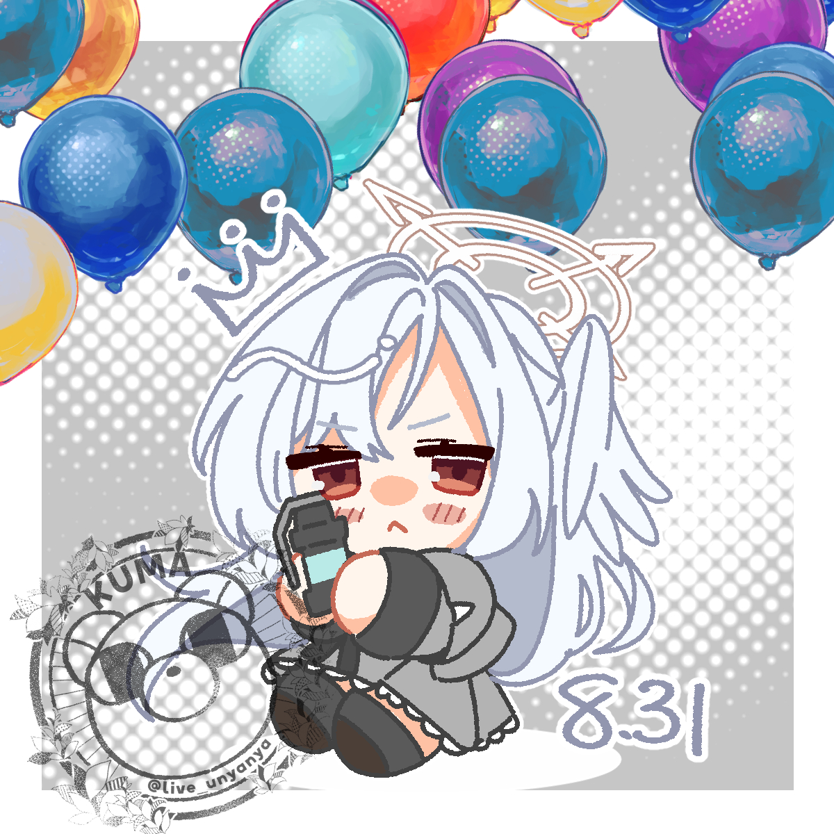 live unyanya, suzumi (blue archive), blue archive, commentary request, highres, 1girl, balloon, blush stickers, chibi, closed mouth, dated, explosive, flashbang, full body, grenade, grey hair, grey wings, hair between eyes, halo, head wings, holding, holding grenade, long hair, long sleeves, looking at viewer, red eyes, school uniform, single head wing, skirt, solo, twitter username, wings
