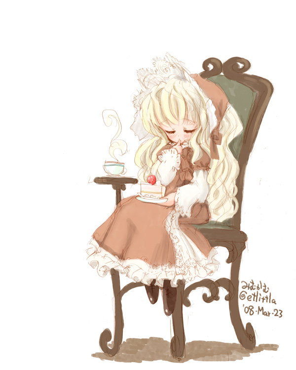 mimukamu, original, 1girl, blonde hair, bonnet, cake, chair, female focus, food, on chair, solo, tea