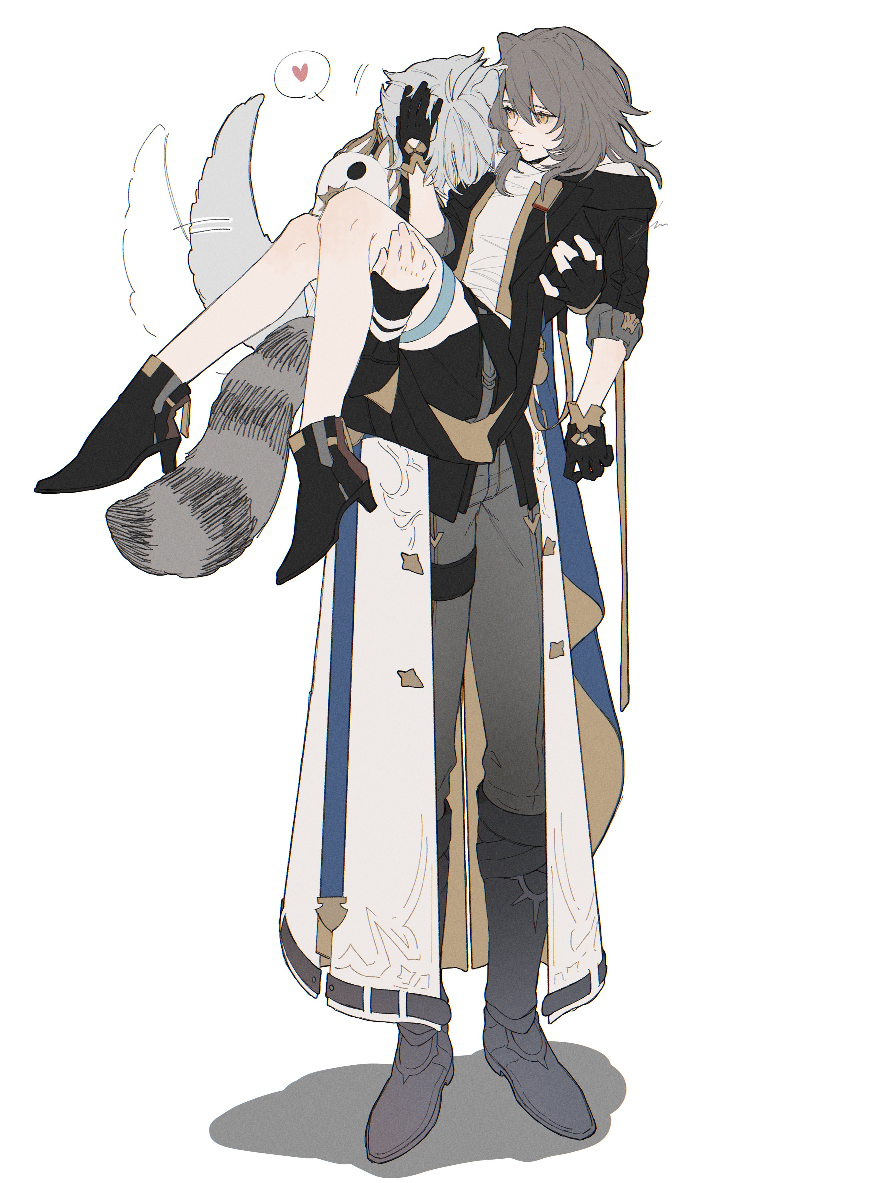 ieririr, phainon (honkai: star rail), stelle (honkai: star rail), trailblazer (honkai: star rail), honkai: star rail, honkai (series), absurdres, highres, 1boy, 1girl, animal ears, black boots, black gloves, black jacket, black shoes, boots, carrying, closed mouth, coat, flat color, full body, gloves, grey pants, head down, heart, hetero, jacket, pants, princess carry, shirt, shoes, simple background, smile, spoken heart, tail, tail wagging, white background, white coat, white shirt, yellow eyes