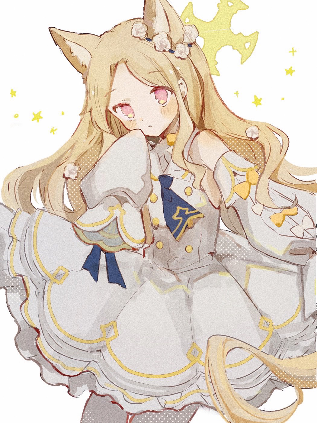 nemunemu1226, seia (blue archive), blue archive, highres, 1girl, animal ears, blonde hair, detached sleeves, dress, fox ears, long hair, sleeves past wrists, white background, white dress