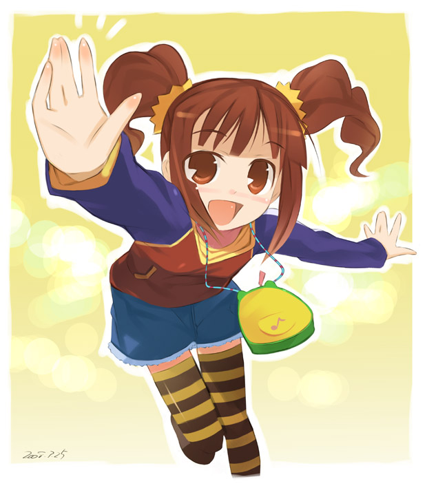 noripachi, takatsuki yayoi, idolmaster, idolmaster (classic), idolmaster 1, 00s, 1girl, bag, brown eyes, brown hair, denim, denim skirt, female focus, foreshortening, open mouth, outstretched arms, raglan sleeves, short twintails, skirt, solo, spread arms, striped clothes, striped thighhighs, thighhighs, twintails