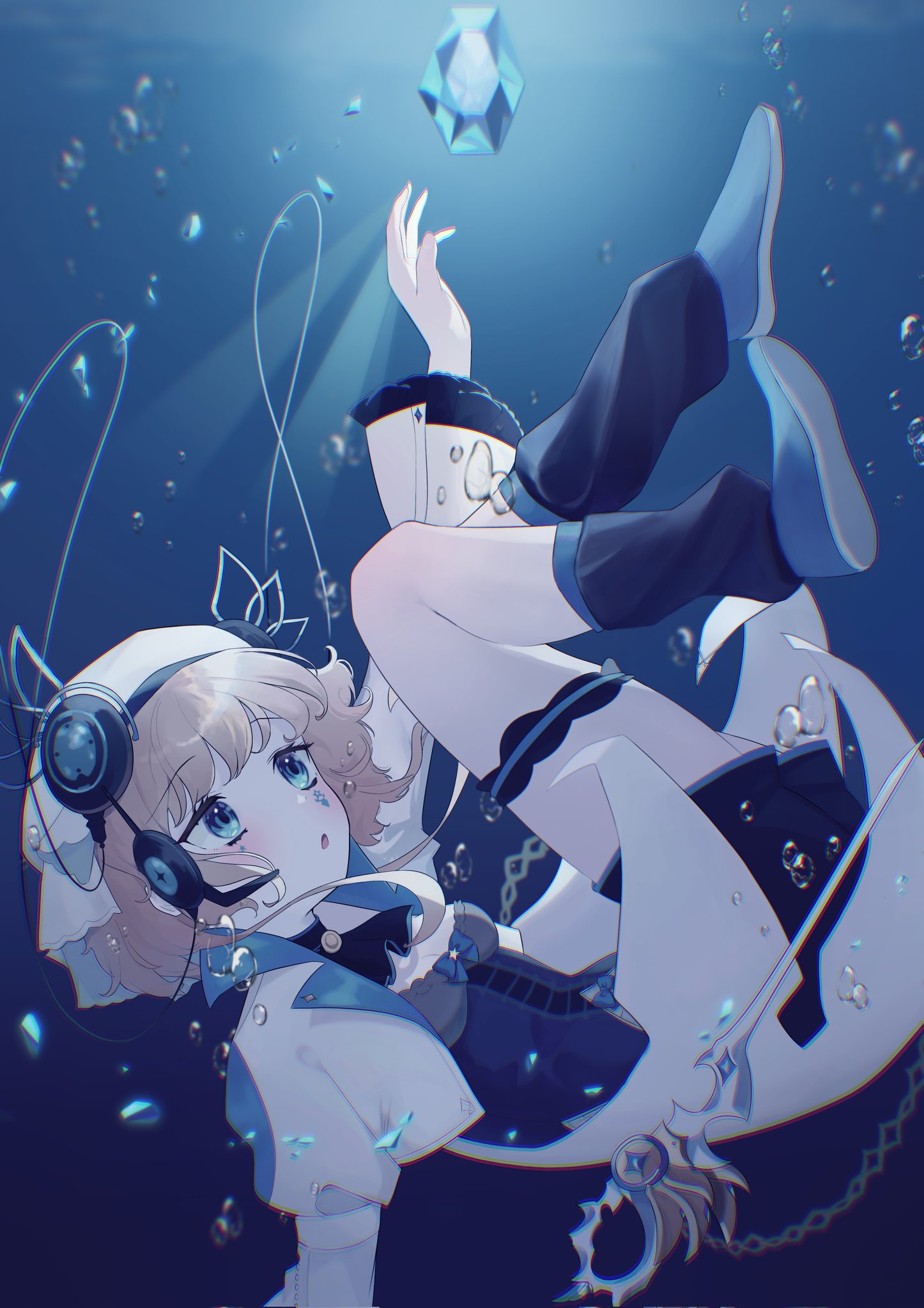 yungun (dbsrjsdn0330), eto (arcaea), arcaea, highres, :o, beret, black boots, black shoes, black shorts, blonde hair, blue bow, blue eyes, blue shirt, boots, bow, buttons, cable, cape, curly hair, facial tattoo, frilled sleeves, frilled thighhighs, frills, hat, large buttons, layered skirt, leg ribbon, long sleeves, miniskirt, pleated skirt, reaching, ribbon, scissors, shirt, shoes, short hair, shorts, skirt, star (symbol), star tattoo, straight hair, tattoo, thighhighs, water, white bow, white cape, white hair, white hat, wrist cuffs