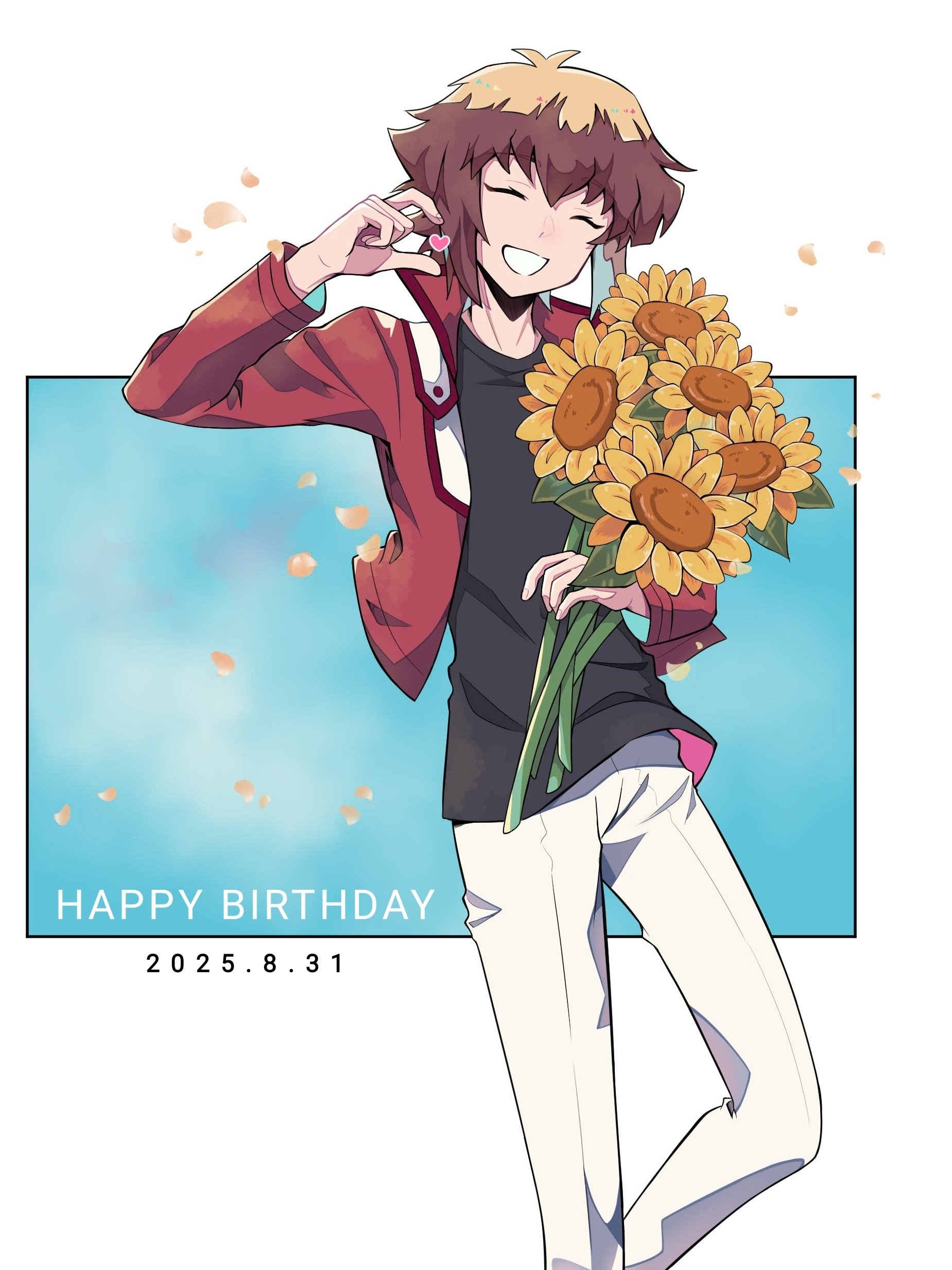 shinoyask, yuki judai, yu-gi-oh!, yu-gi-oh! gx, absurdres, highres, black shirt, brown hair, closed eyes, collared jacket, duel academy uniform (yu-gi-oh! gx), falling petals, flower, hair between eyes, happy, happy birthday, heart, heart hands, holding, holding flower, jacket, pants, petals, popped collar, red jacket, shirt, smile, sunflower, white pants